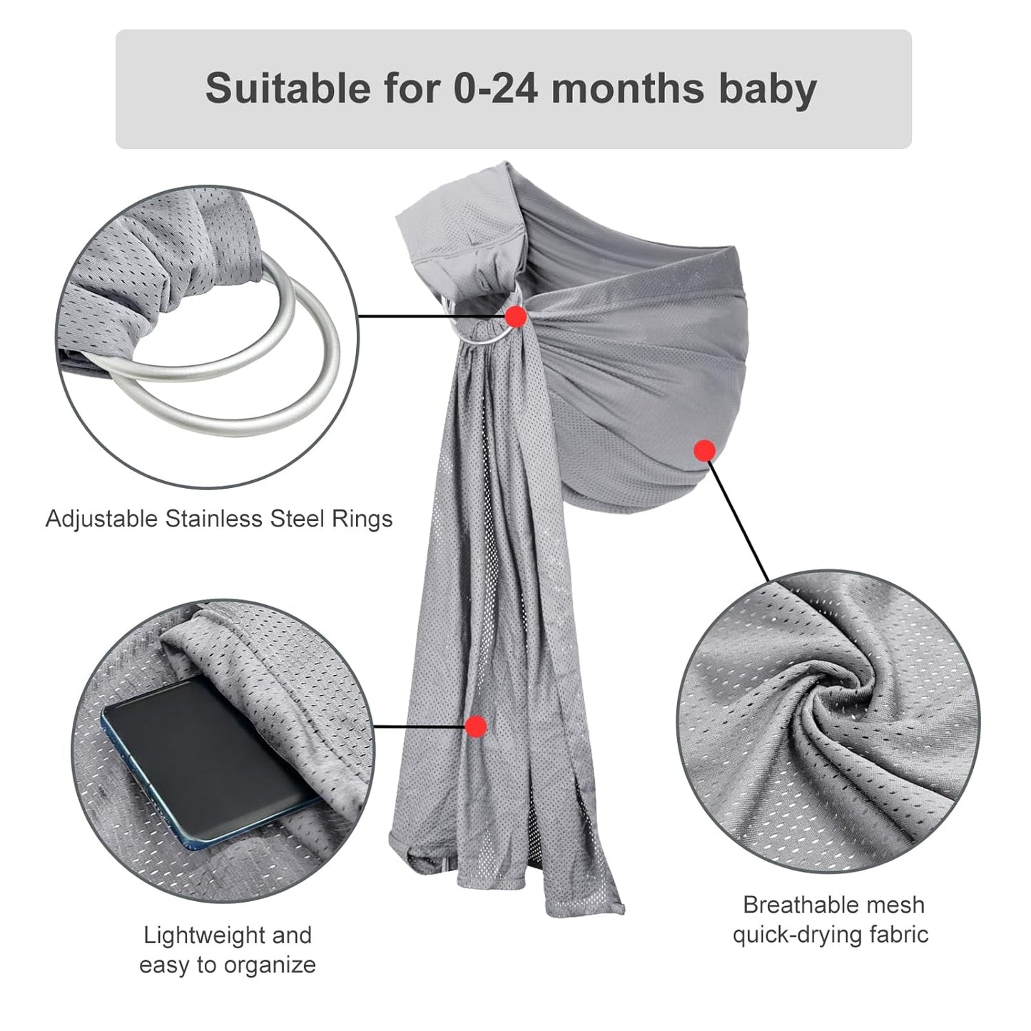 Water Ring Sling Baby Carrier, Adjustable Lightweight Breathable Newborn Carrier Sling for Summer, Swimming, Pool, Beach, Front Chest Mesh Infant Wrap Carrier for Baby Gift (Light Grey)