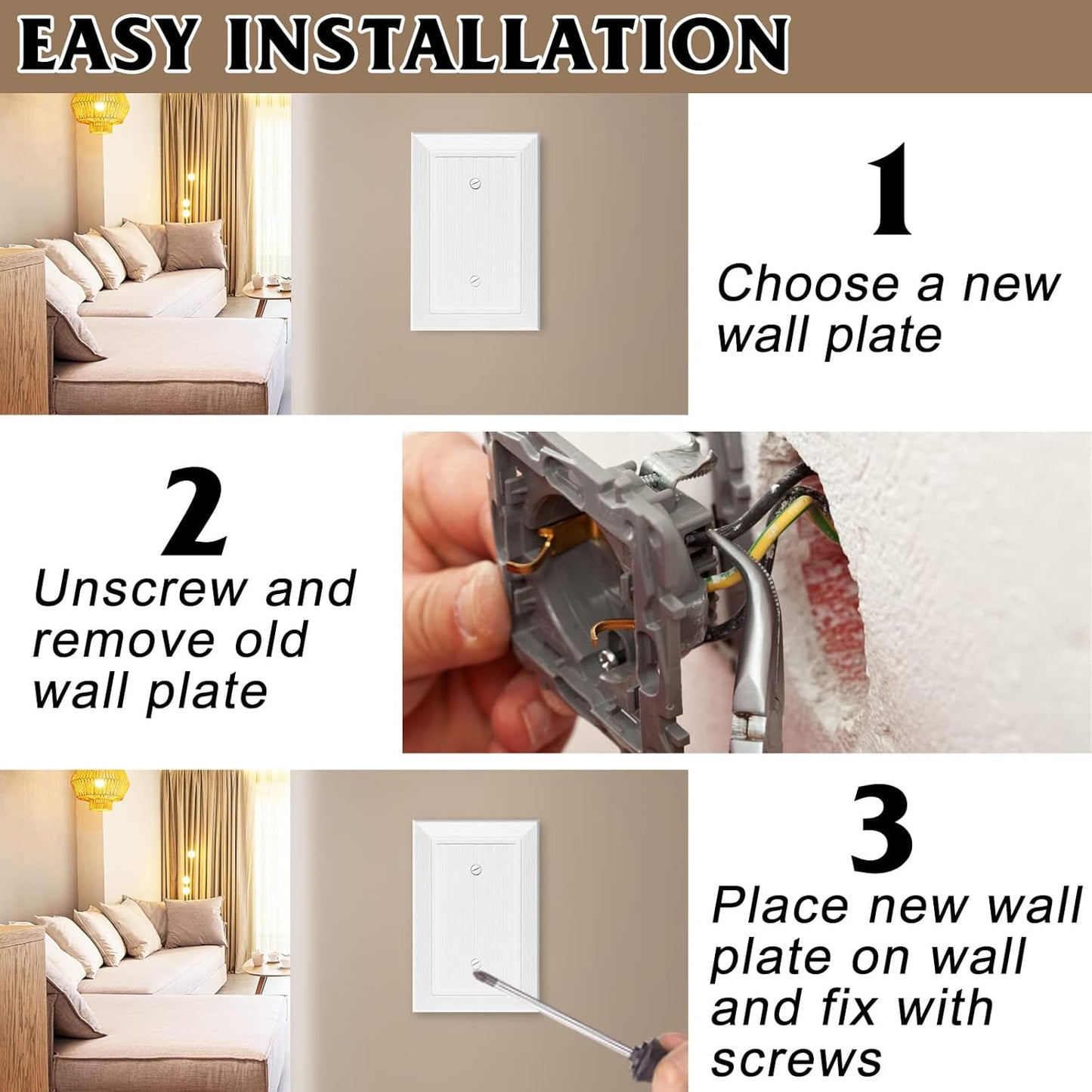 Modern Decorative Wall Plate Switch Plate Outlet Cover, Vintage Retro Wood Grain Design(Single Blank-10 Pack, White)