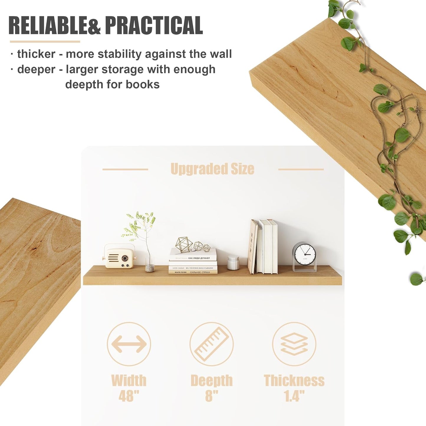 Floating Shelves for Wall, USA-Sourced Brich Wood 48 Inch Long Wall Shelves, Natural Wooden Mounted Picture Ledge Shelf, Nursery Book Storage Shelf Kids Bookshelf, Display Shelf for Bathroom