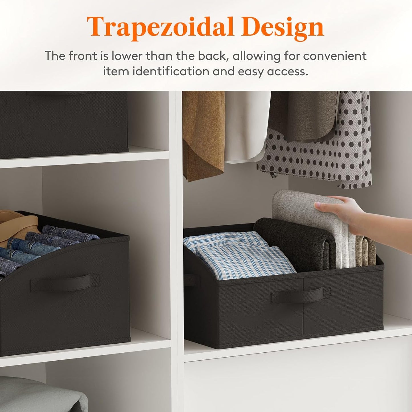 Lifewit Storage Baskets for Shelves, 6 Packs Non-woven Fabric Trapezoid Closet Organizer Bins with Handles, Foldable Clothing Containers Box for Clothes, Toy, Towel, Book, DVD, Hats, Medium-Black