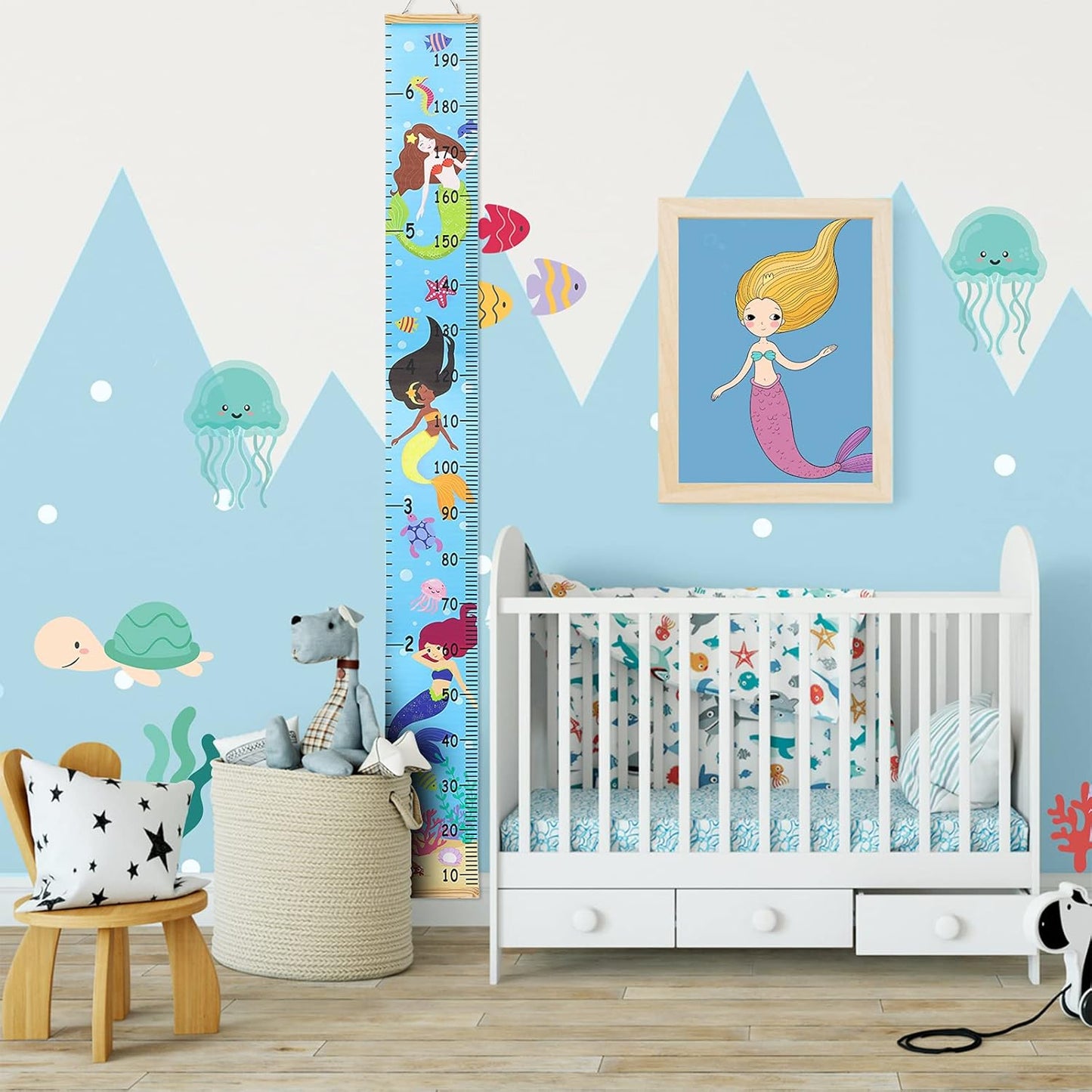 Kids Growth Chart Height Measuring Chart, Mermaid Canvas Wall Hanging Rulers for Baby Children Girls Bedroom Decor 74.8''* 7.87''