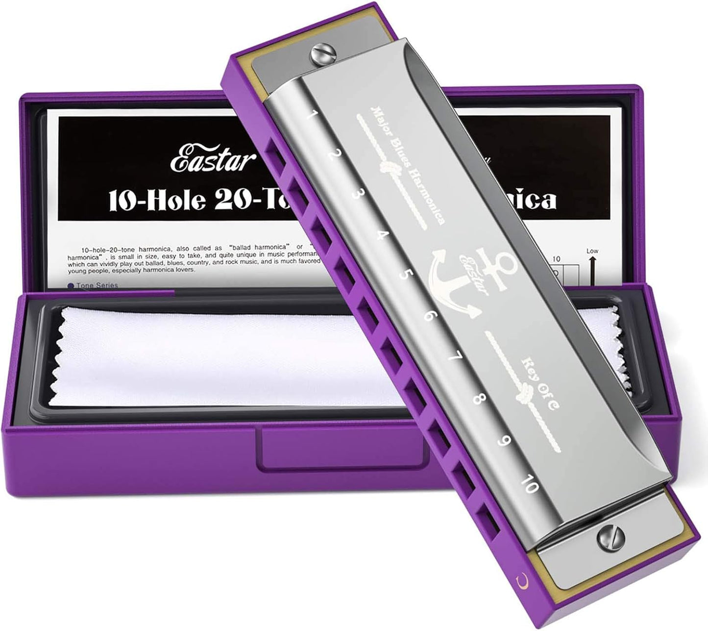 Eastar Major Blues Diatonic Harmonica, 10 Holes C Key Beginner for Kids Children Adults Students, with Hard Case and Cloth, Purple