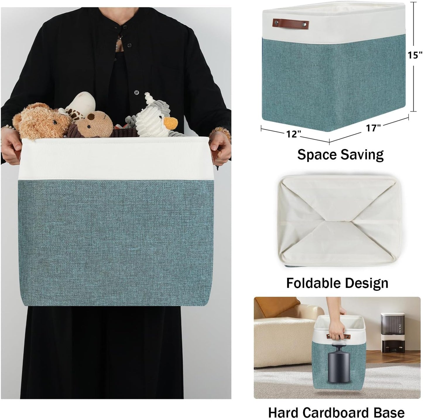 DULLEMELO Extra Large Storage Baskets,Fabric Storage Bins with Handles for Home,Office,Closet,Clothes,Foldable Storage Bins for Closet, White&Dark Green 2-Pack