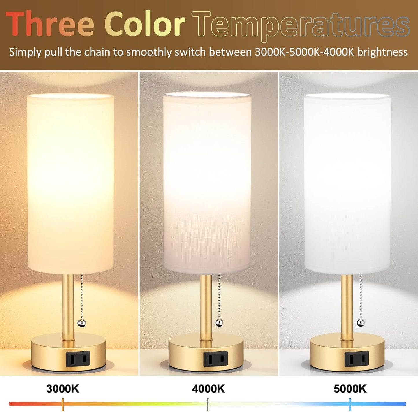 Gold Bedside Table Lamps Set of 2-3 Color Temperatures Pull Chain Lamp with AC Outlet Charging Port, Two Round Night Stand Lamps for Bedroom Office Living Room