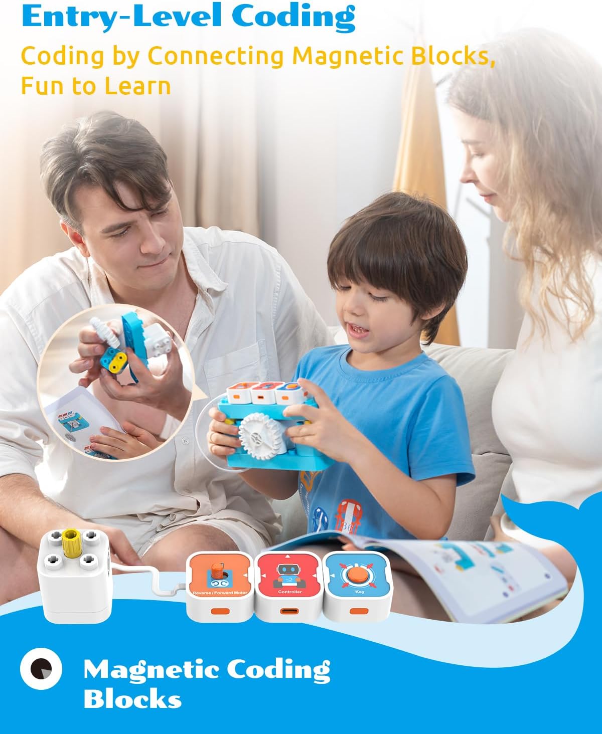 WhalesBot A1 Coding Toy for Kids, Building Block Robot, Fun STEM Toy with Magnetic Controller and Sensor Blocks, Screen-Free Coding with 3 Guide Books for Kids 3-6