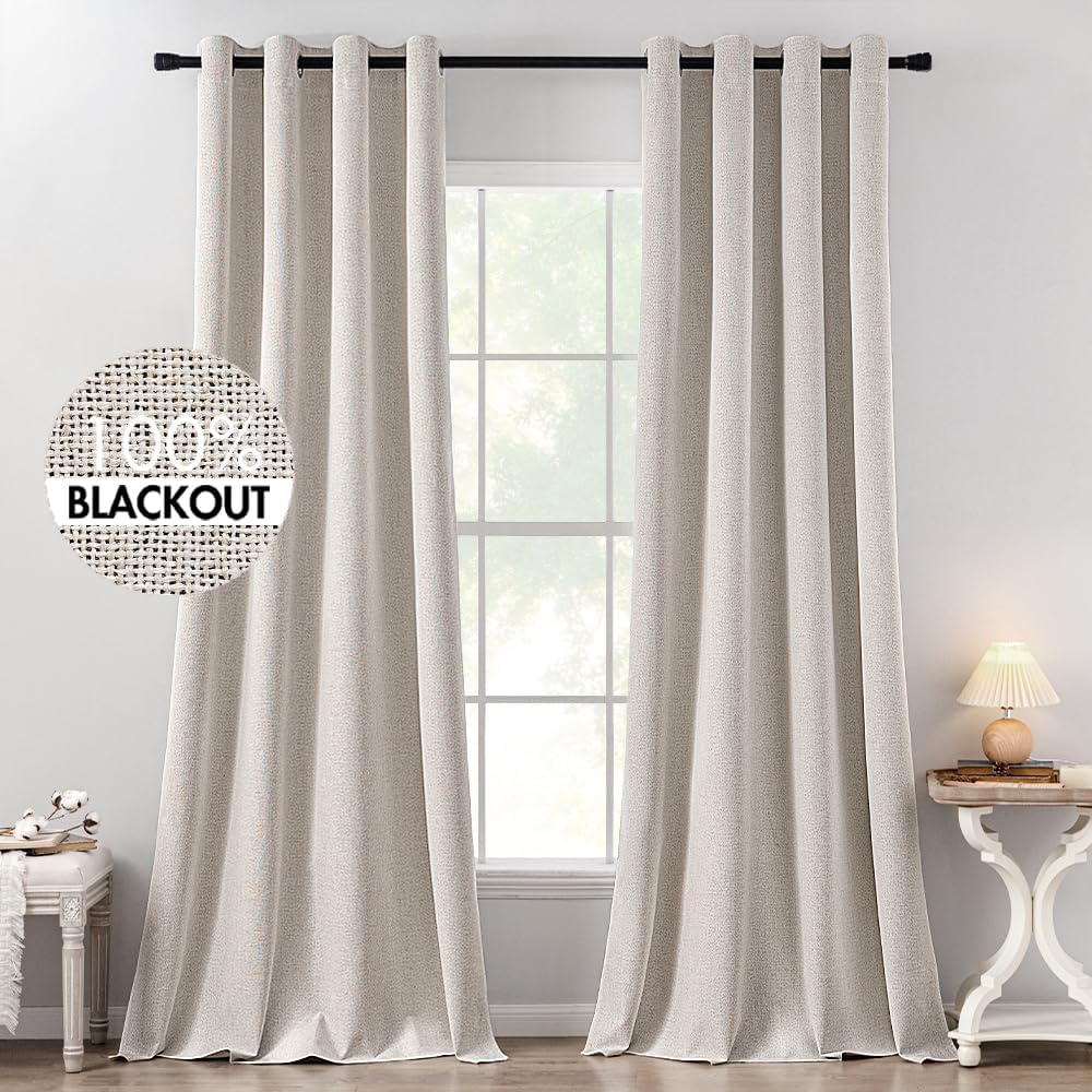 MIULEE 100% Blackout Linen Textured Curtains for Bedroom Solid Thermal Insulated Ivory Grommet Room Darkening Curtains & Drapes Luxury Decor for Living Room Nursery 52 x 132 Inch (2 Panels)