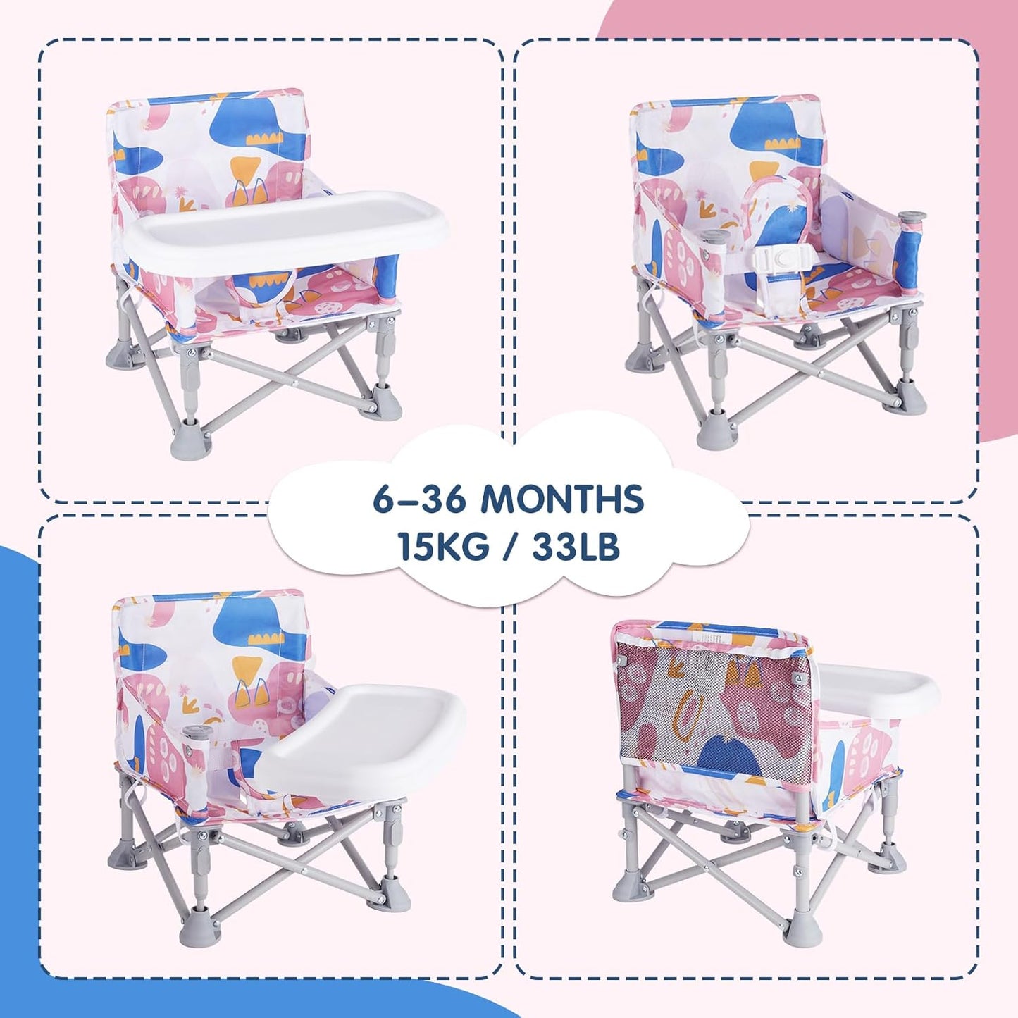 Portable Booster Seat, Toddler Baby Seat with Tray for Dining Table Compact Floor Chair for Camping Lawn Beach Babies Travel 6-36 Months