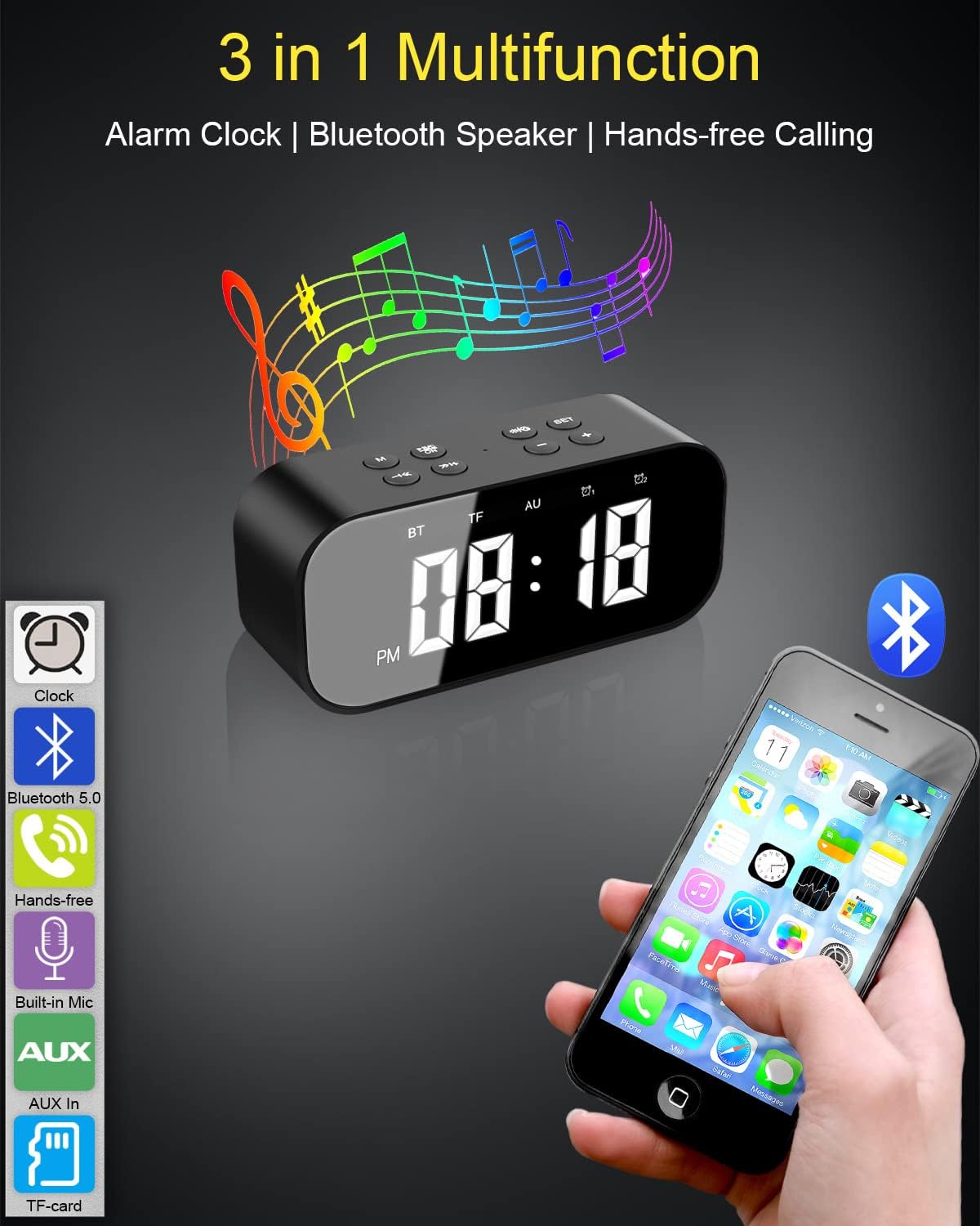 AFK Alarm Clock for Bedroom/Office,Digital Clock with Bluetooth Speaker,Small Alarm Clock for Heavy Sleepers Adults,Teens,Kids.