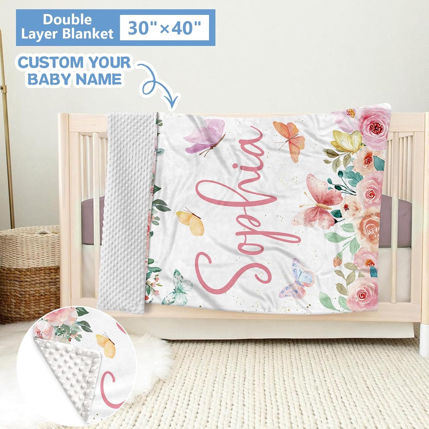 Personalized Baby Crib Bedding Set, 5 Pcs Custom Baby Crib Sets with Name, Double Layer Butterfly Nursery Bedding Set for Girls, Soft Flannel Baby Bedding Set, Toddler Infant Customized Gift