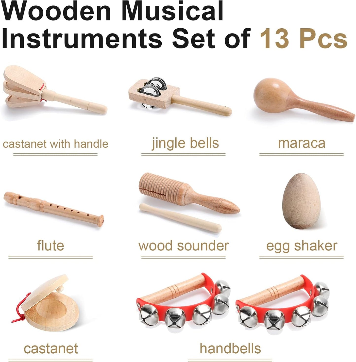 Chumia Toddler Musical Instruments Set 13 Pcs Montessori Wooden Percussion Instruments with Drum Preschool Educational Baby Early Learning Music Toys Set for Little Boys Girls Kids Children Gifts