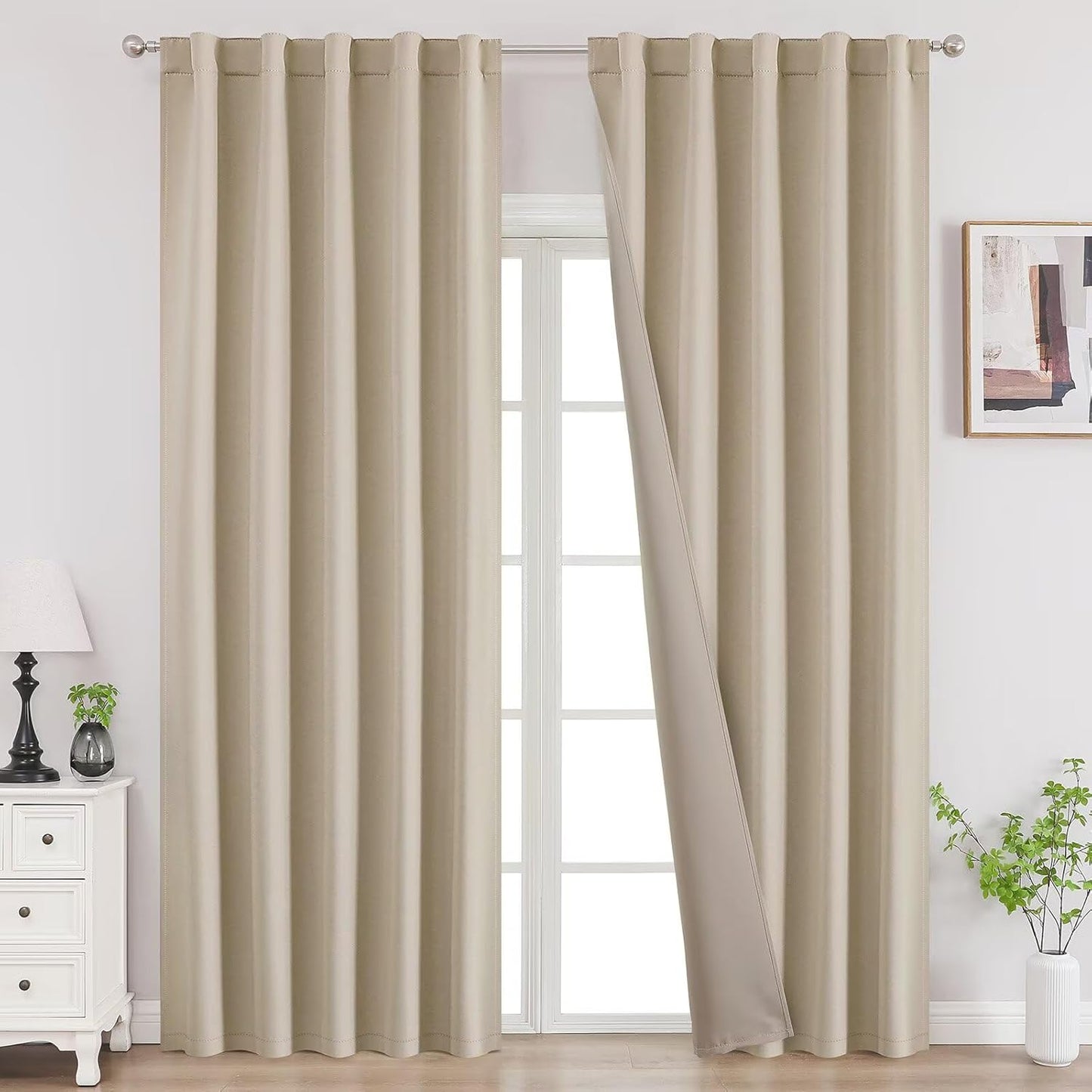 Joydeco Blackout Curtains 84 Inch Length 2 Panels Set, Thermal Insulated Black Out Curtains for Bedroom, Room Darkening Drapes for Living Room Window (W52 x L84 Inch, Light Beige)