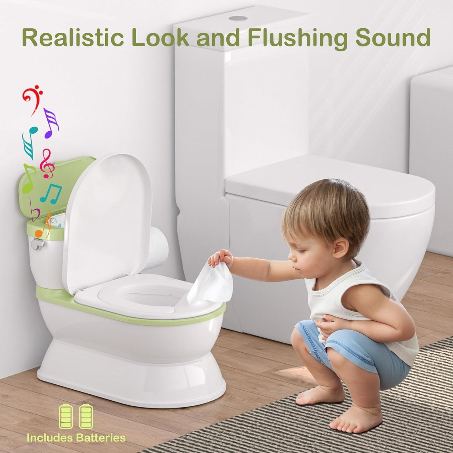2-in-1 Toddler Potty Training Toilet - Larger Potty Chair & Detachable Training Seat for Boys & Girls Ages 1-3 with Flushing Sound, Wipes Storage, Toilet Paper Holder - Green
