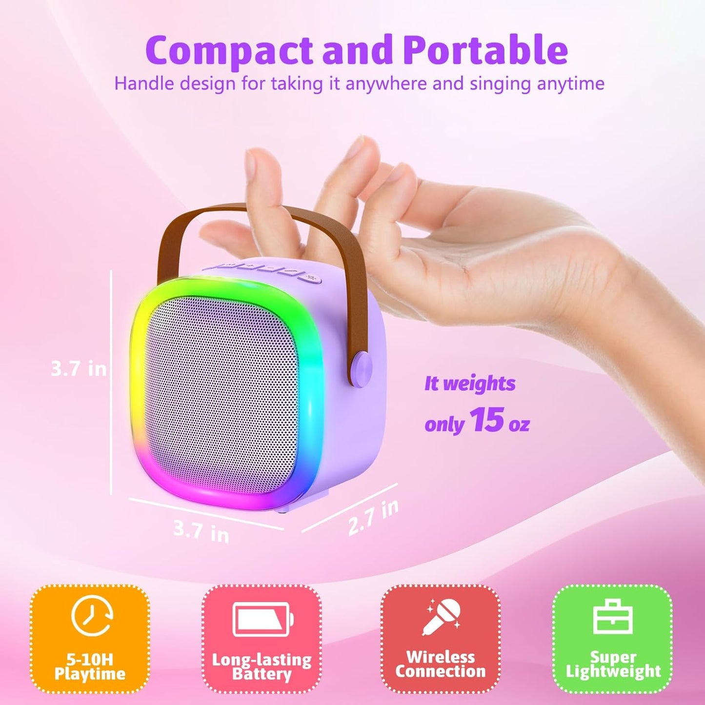 Karaoke Machine for Kids Adults, Portable Bluetooth Speaker with 2 Wireless Microphones and LED Lights, Kids Toys Birthday Gifts for Girls and Boys Ages 4, 5, 6, 7, 8,9,10,11,12+ Years, Home Party