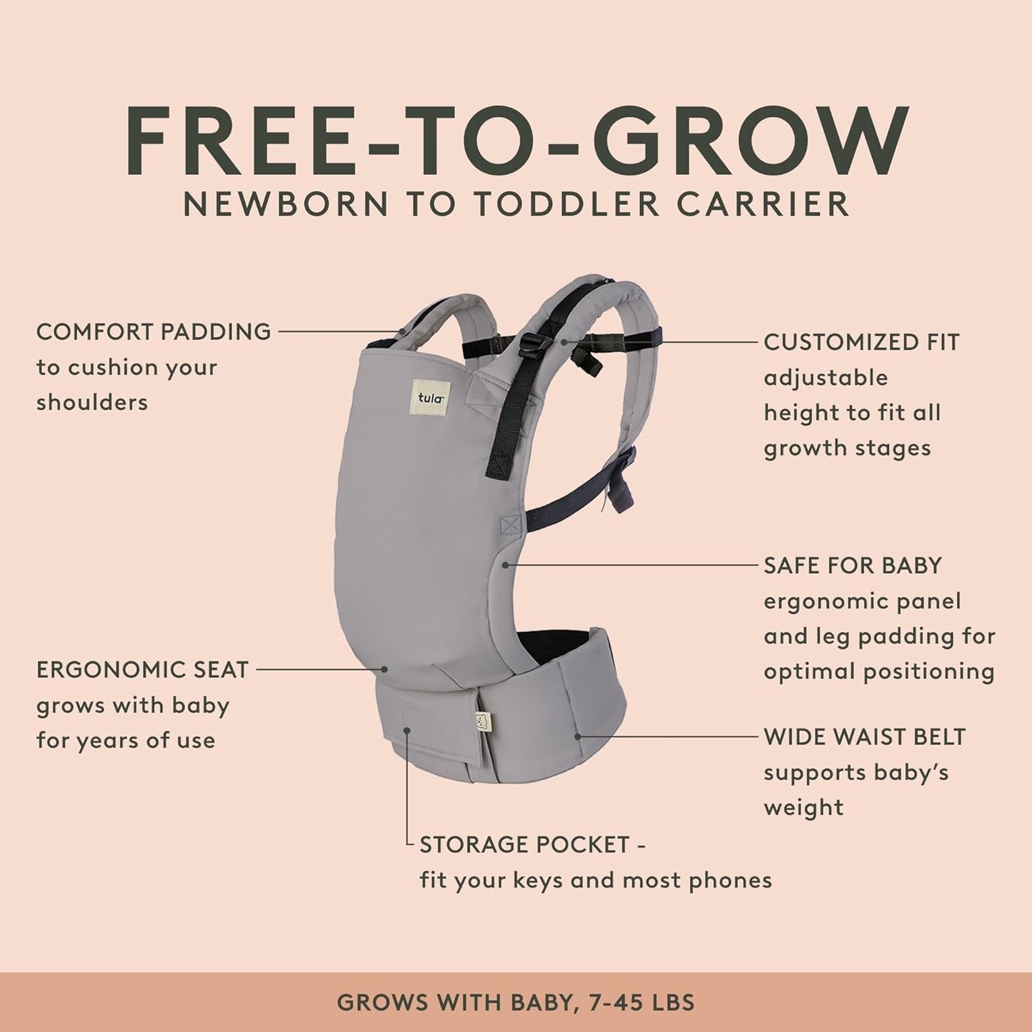 Baby Tula Breathable Mesh Panel Free-to-Grow Baby Carrier - Adjustable, Comfortable, Newborn to Toddler Carrier - Ergonomic Fit for 7lbs to 45lbs - Back & Front Carry Options - Overcast (Gray)