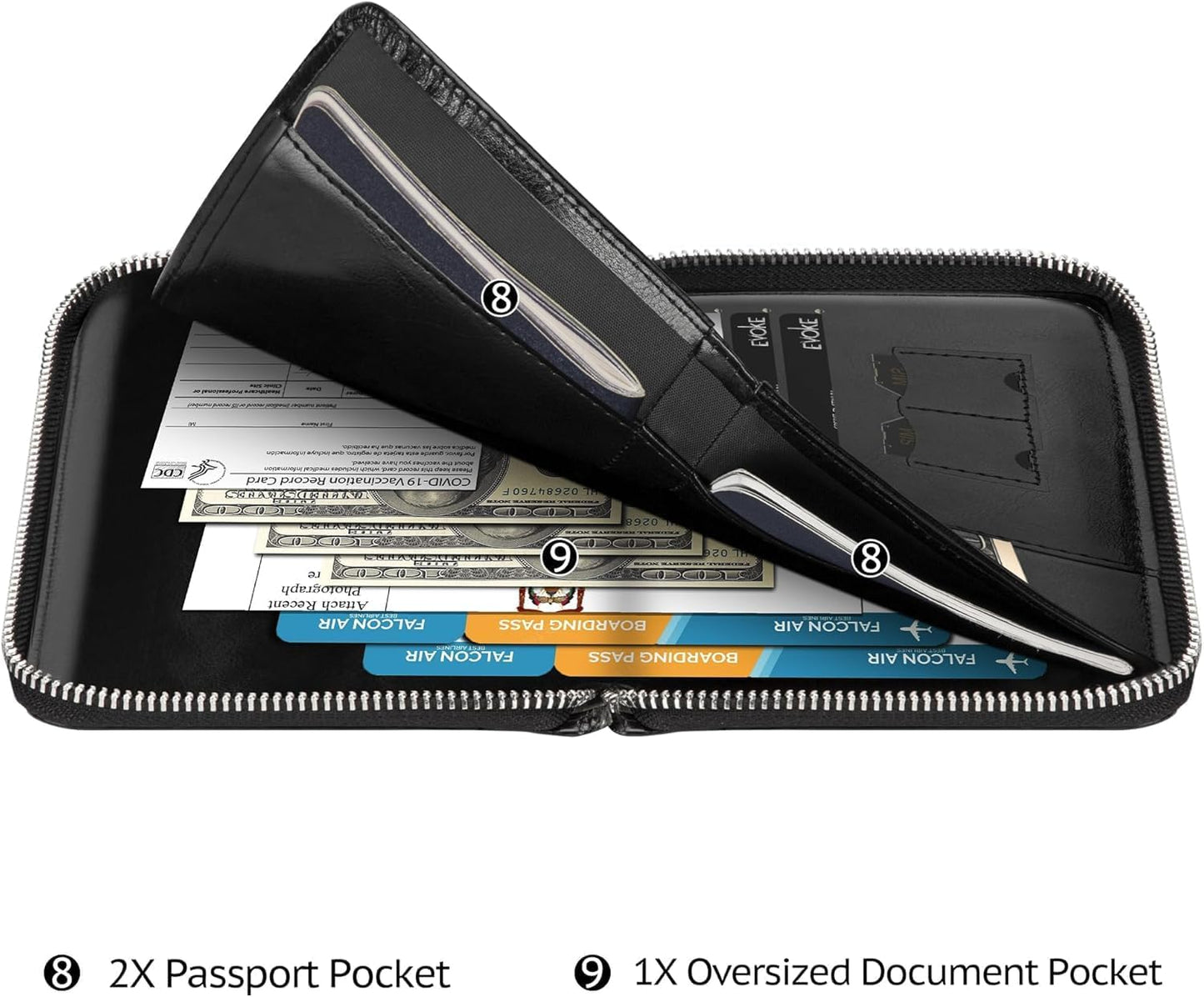 Genuine Leather Passport Wallet for Travel, RFID Blocking Cover with Zipper Closure and 3 Passport Pockets (Black)