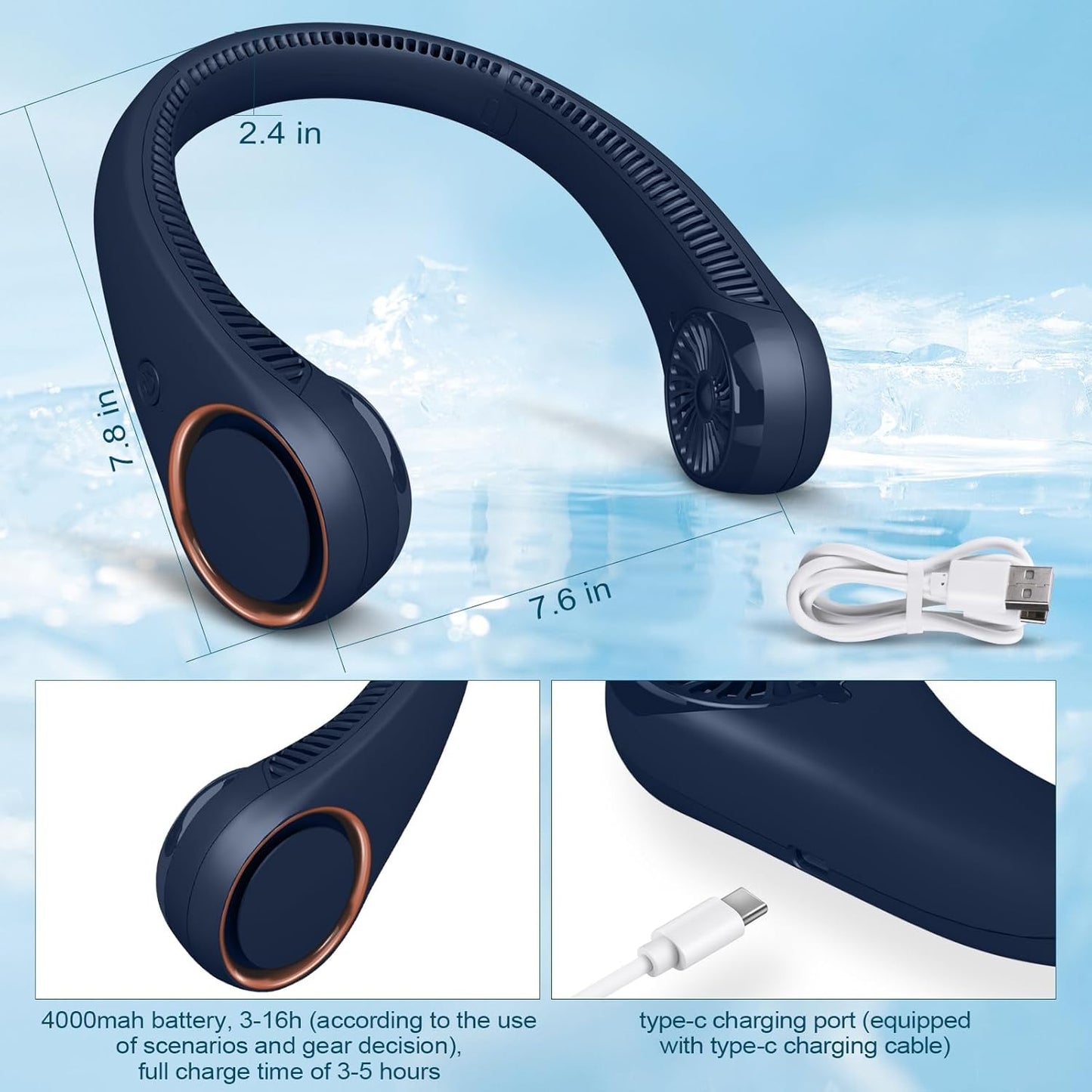 CIVPOWER Neck Fan: Portable Personal Neck Cooling Rechargeable Bladeless Fan - Hands Free 3 Speed 4000 mAh Battery USB Operated Wearable Headphone Design - for Men Women Outdoor Indoor (Dark Blue)