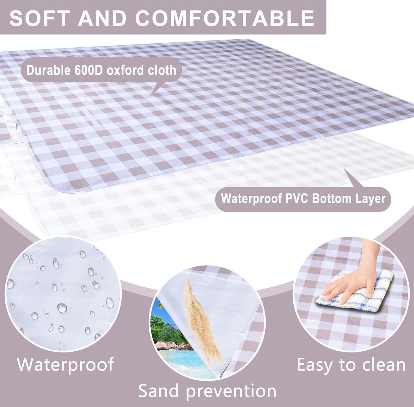 80"x60" Waterproof Sandproof Picnic Mat - Portable Foldable Outdoor Blanket for Beach, Park, Travel & Indoor Use - Lightweight Compact Design, Easy-Carry (Light Brown)