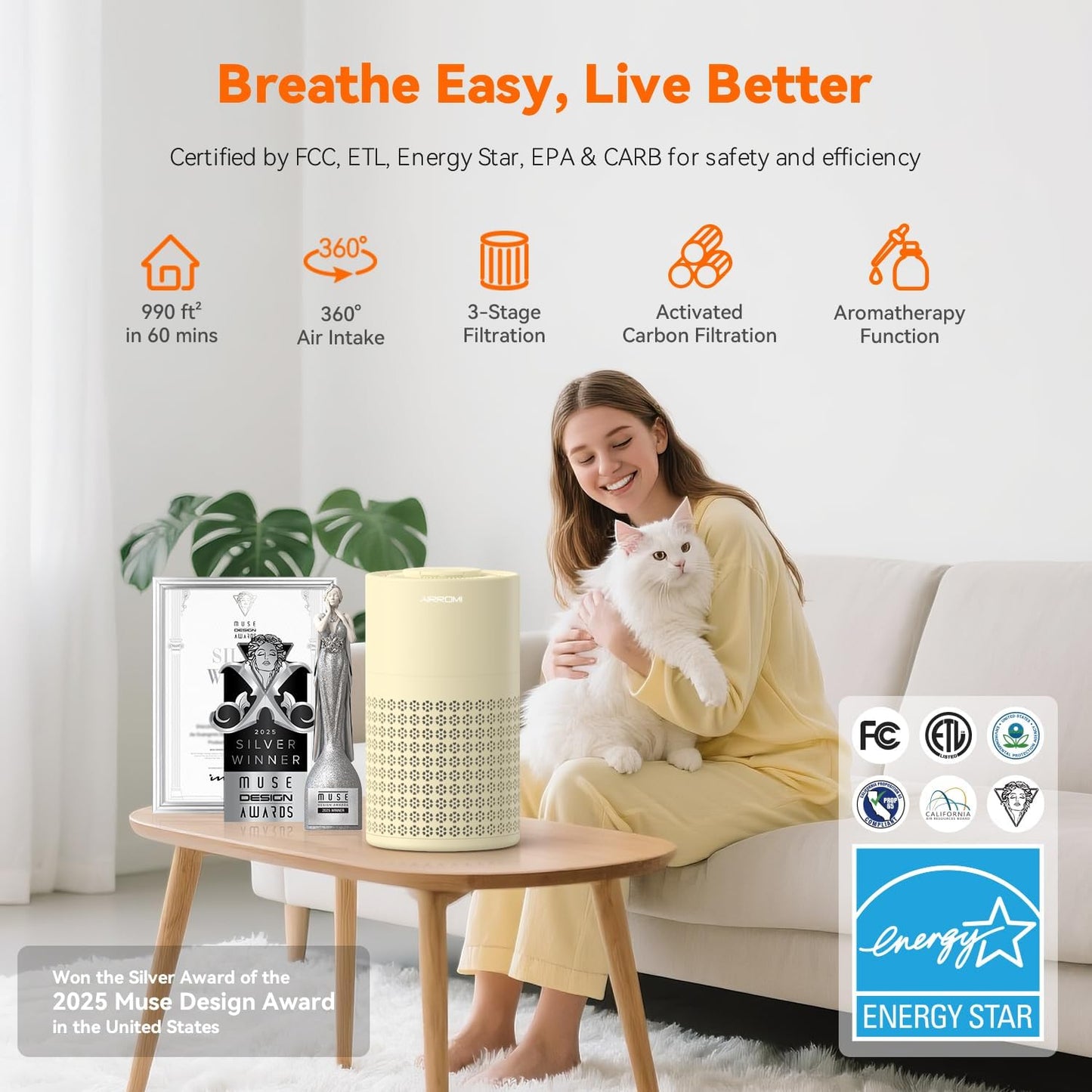 AIRROMI Air Purifier for Bedroom with HEPA Fet Filters, Pet Air Purifiers for Home Cat Pee Smell, Covers Up to 990Ft², Quiet 360° intake Air Cleaner for Allergies Dust Smoke Odor A2001 Yellow