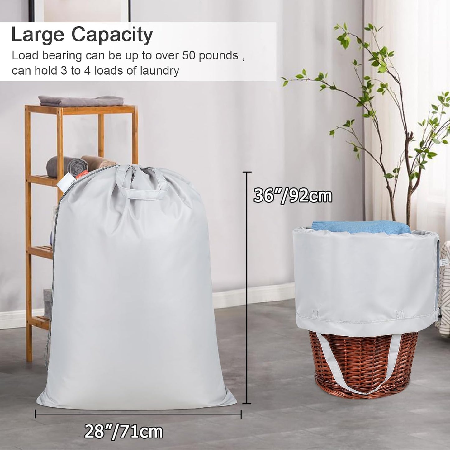 Polecasa Heavy Duty Laundry bag, 28 x36 inches Large Laundry Bag with 130gsm Tear Resistant Fabric and Handles, Durable Clothes Drawstring Bag for Laundry Hamper, College, Dorm, Travel, Silver