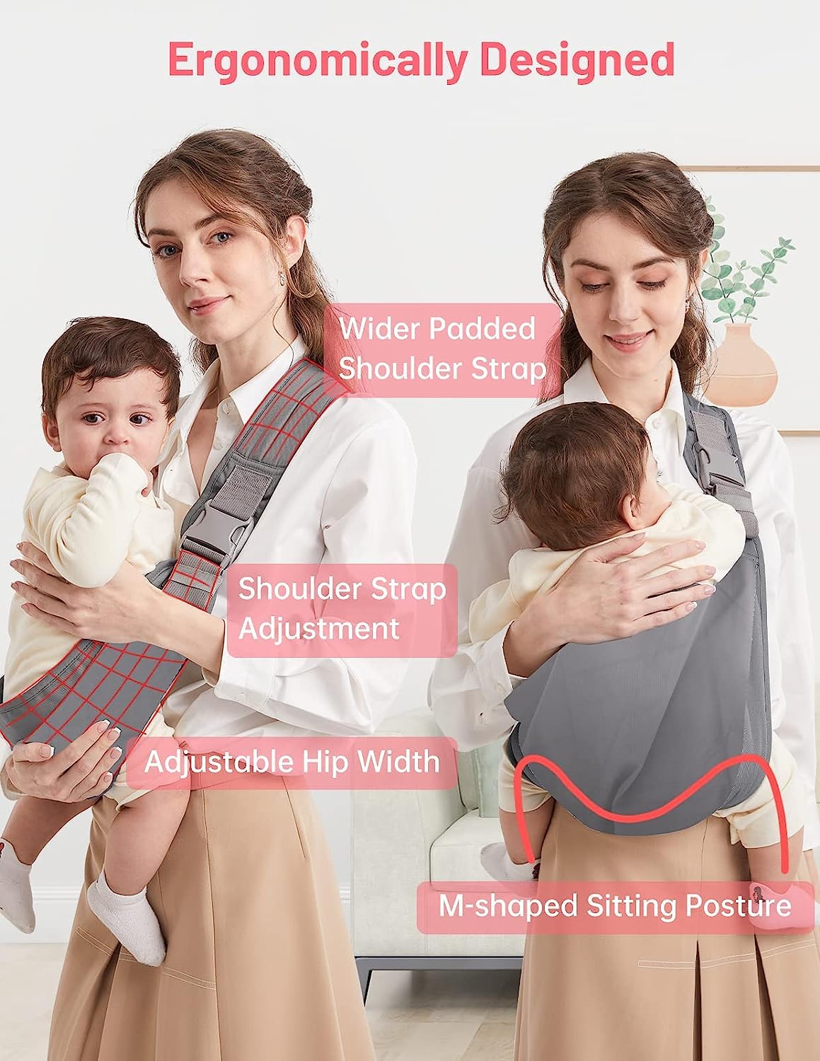 Baby Sling Carrier, Pure Cotton, Ergonomically Adjustable Baby Carrier Newborn to Toddler, Easy to Use, Portable, Ideal for 0-36 Months, Up to 33 lbs (Grey)