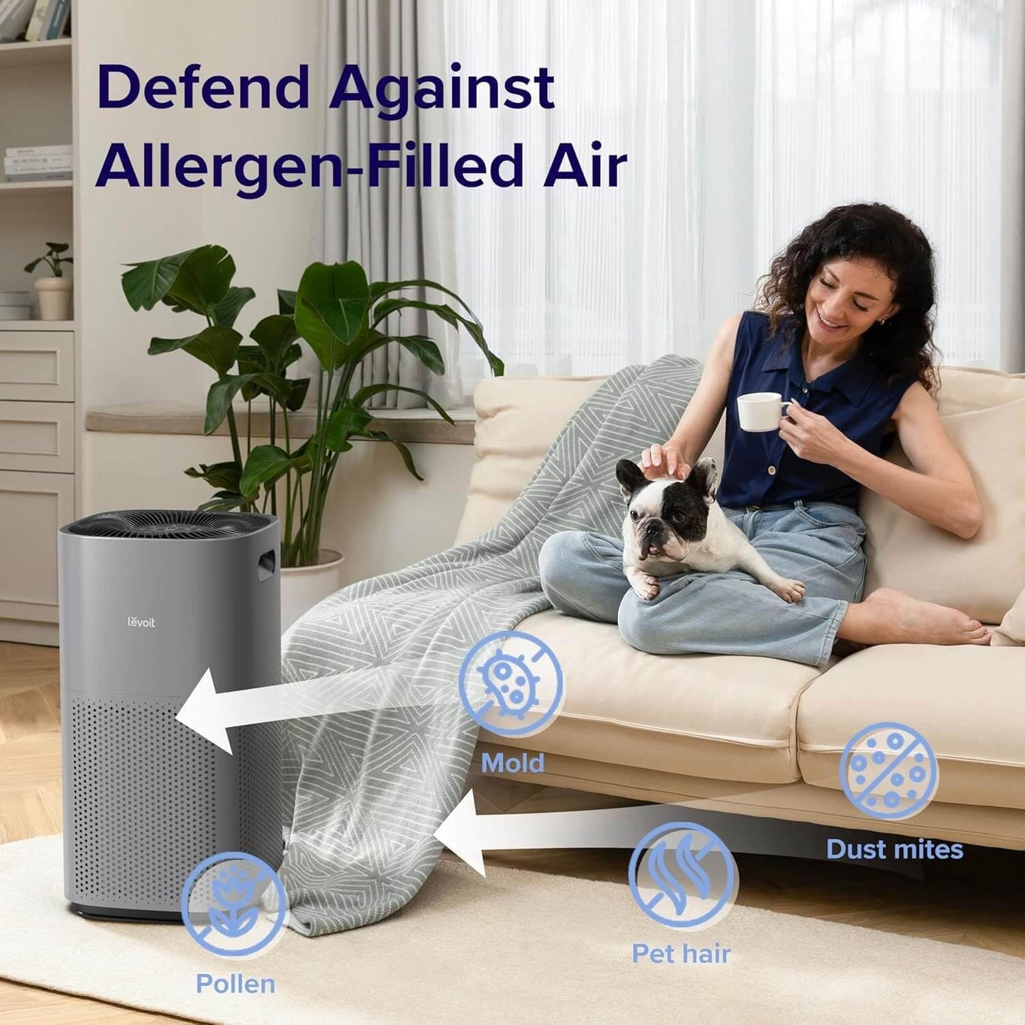 LEVOIT Air Purifiers for Home, Large Rooms Up to 2933 Ft² With HEPA Sleep Mode, AHAM VERIFIDE, Smart WIFI, PM2.5 Monitor, 3-in-1 Filter For Smoke, Pet Allergies, Dust, Alexa Control, Core 600S-P, Gray