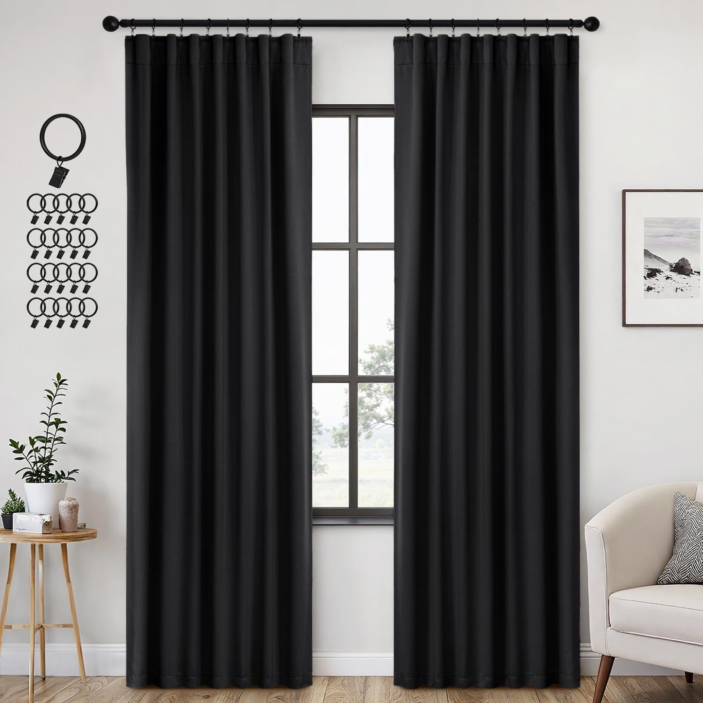 ANRODUO Back Tab Blackout Curtains for Bedroom Living Room, Rod Pocket Pinch Pleated Thermal Insulated Room Darkening Curtains 90 Inches Long 2 Panels, Black, 42 x 90 Inch