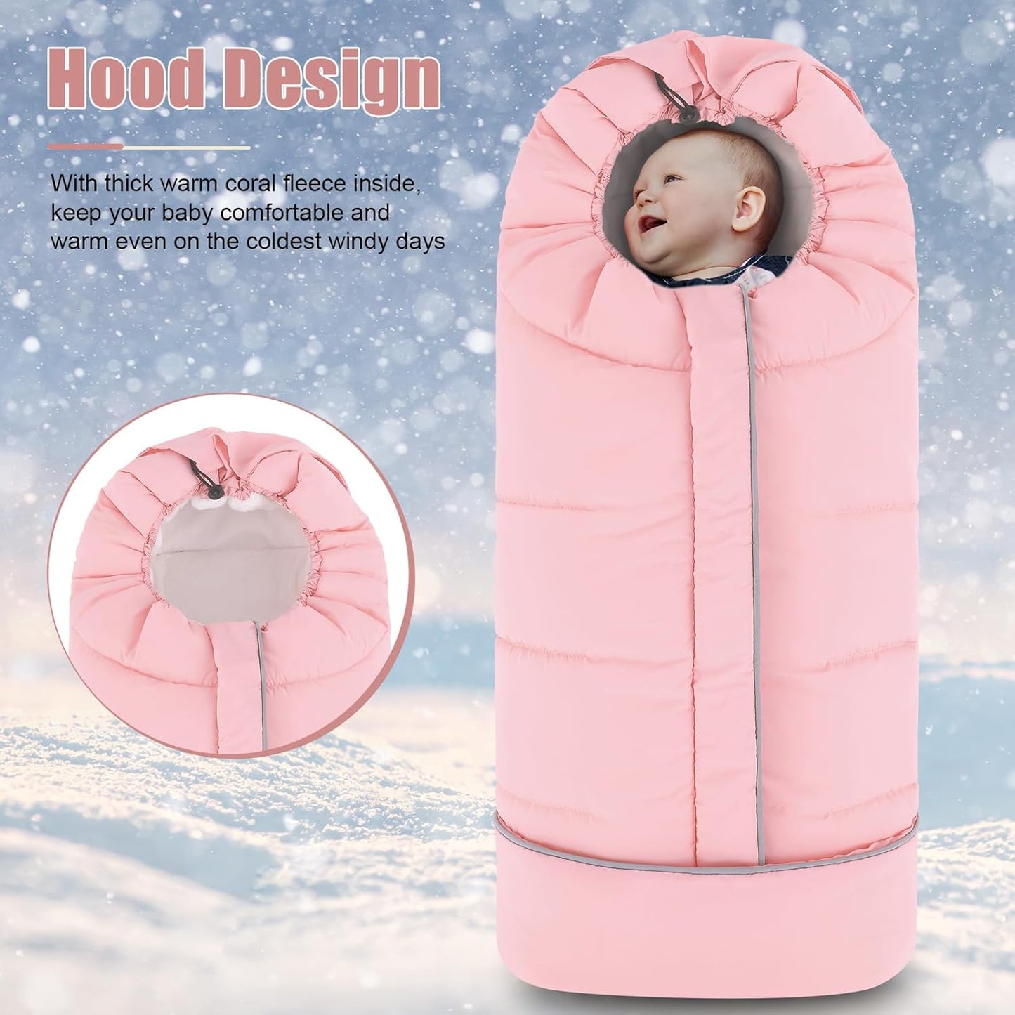 Yoofoss Stroller Cover for Winter, Toddler Stroller Footmuff Universal for Most Stroller, Water Resistant Warm Coral Baby Stroller Bunting Sleeping Bag Pink