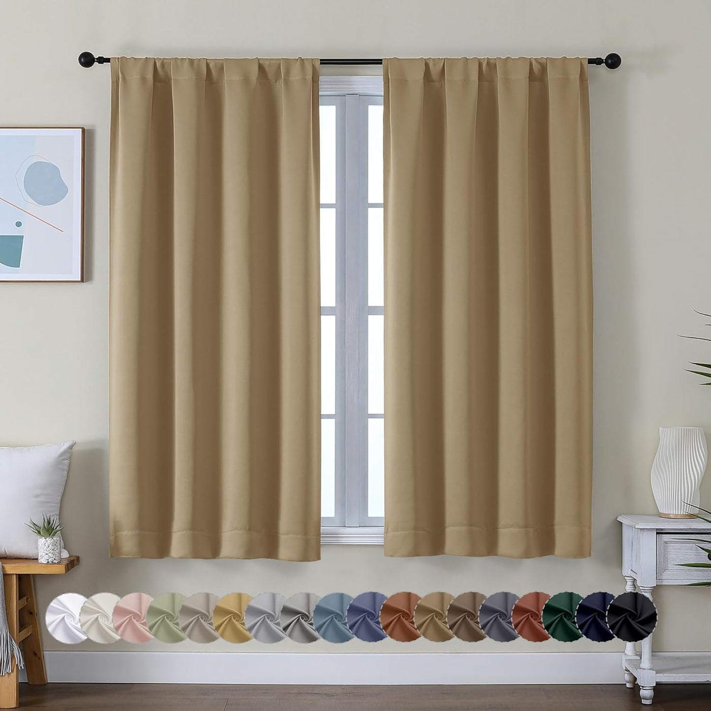 Simplebrand Ava Taupe Short Blackout Curtains for Bedroom 54 Inches Long 2 Panels Set, Solid Thermal Insulated, Energy Saving Window Treatment Curtains Blackout Drapes, W40 x L54 Inch, Taupe