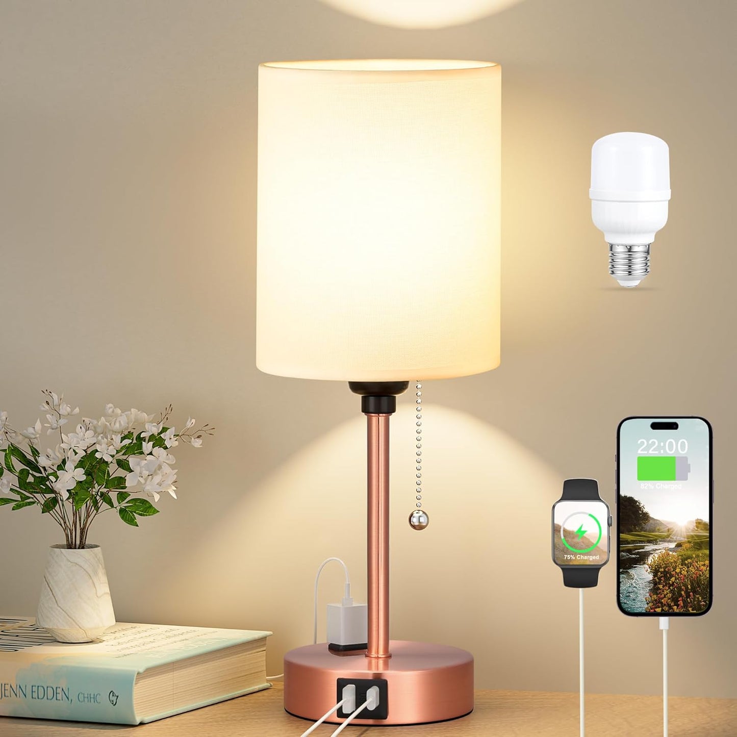 Small Bedside Table lamp for Bedroom - Red Bronze Modern Wedding Gift for Couples, 3 Color Temperatures & USB Ports & AC Outlet, Gold Nightstand Lamps for Reading, Dorm, Office, Living Room, Bathroom