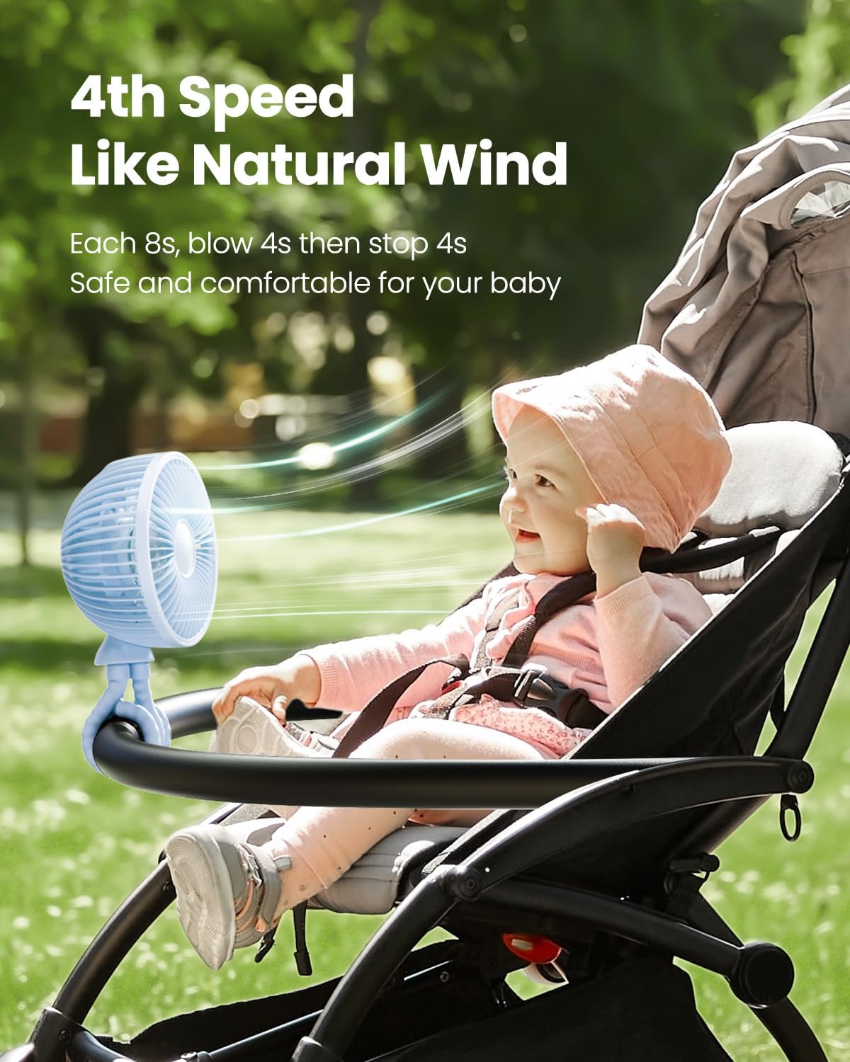 Gaiatop Oscillating Baby Stroller Fan with LED Night Light, 4 Speeds Cooling Rechargeable 360° Rotate Clip On, Battery Operated Small Portable Fans for Car Seat Crib Treadmill Travel