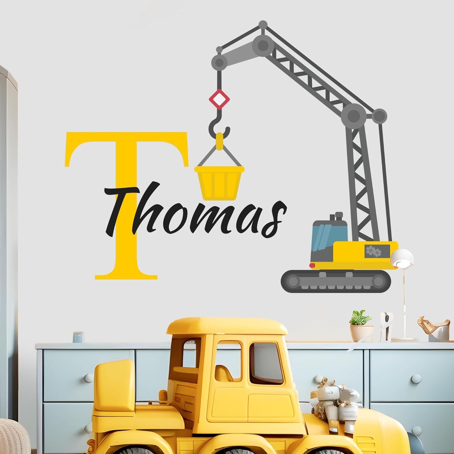 Custom Toddler Construction Crane Wall Decal I Personalized Name Decals for Walls I Nursery Wall Decal for Toddler Room Decorations I Crane Baby Sticker for Bedroom W22 x18 H (Small)