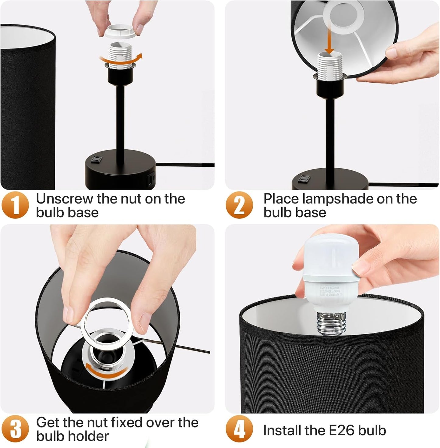 KPQ Small Bedside Lamp Touch Control Table Lamp with USB A+C Charging Ports & AC Outlet 3-Way Dimmable Nightstand Lamp with Linen Fabric Shade for Bedroom Living Room