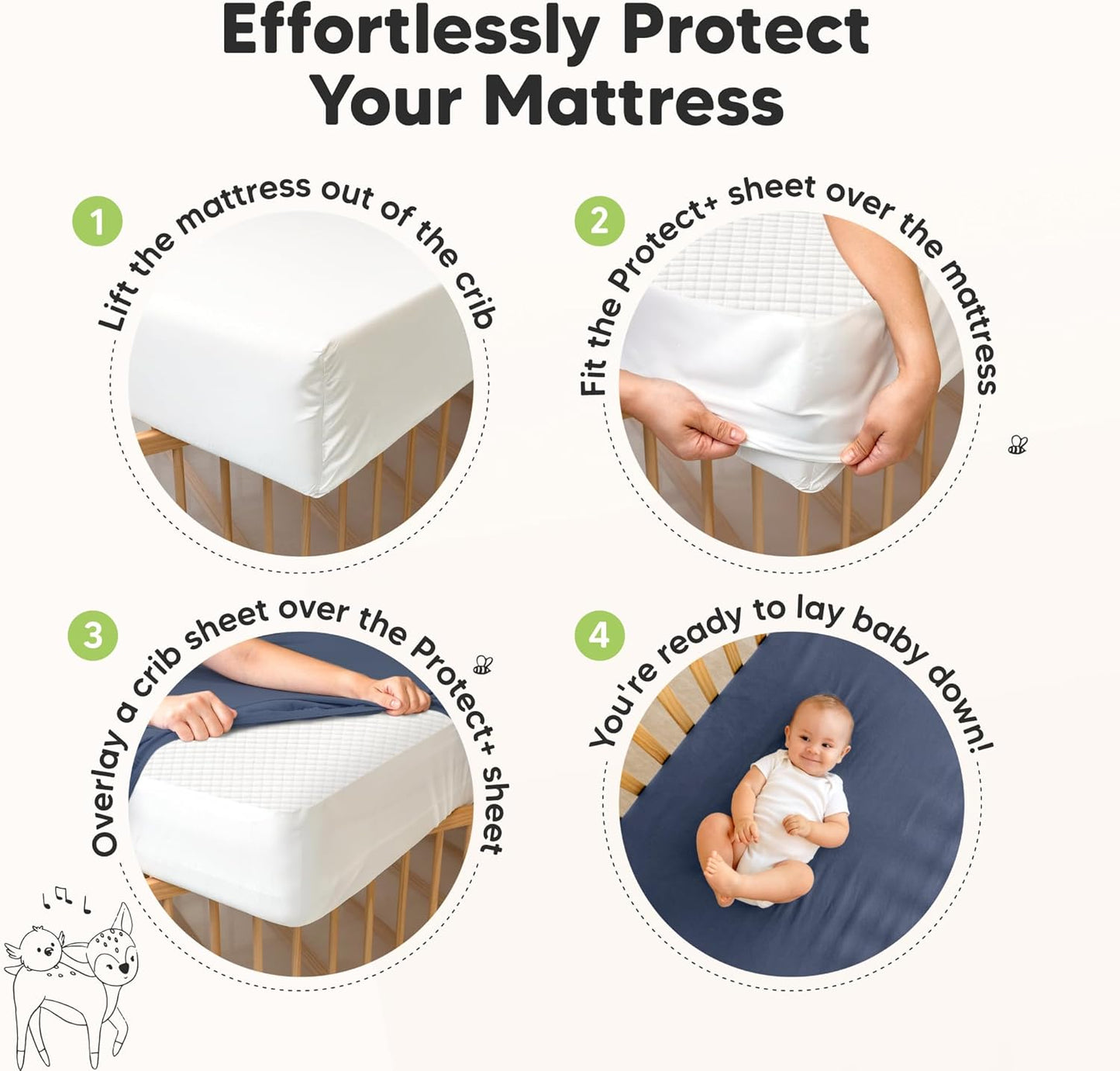 Waterproof Crib Mattress Protector Cover Fitted - 2-Pack Quiet Baby Crib Mattress Pad Sheets, 52" x 28" Soft Quilted Cotton Baby Sheet, Machine Washable, Easy Fit, Durable (Soft Fern/Quin)