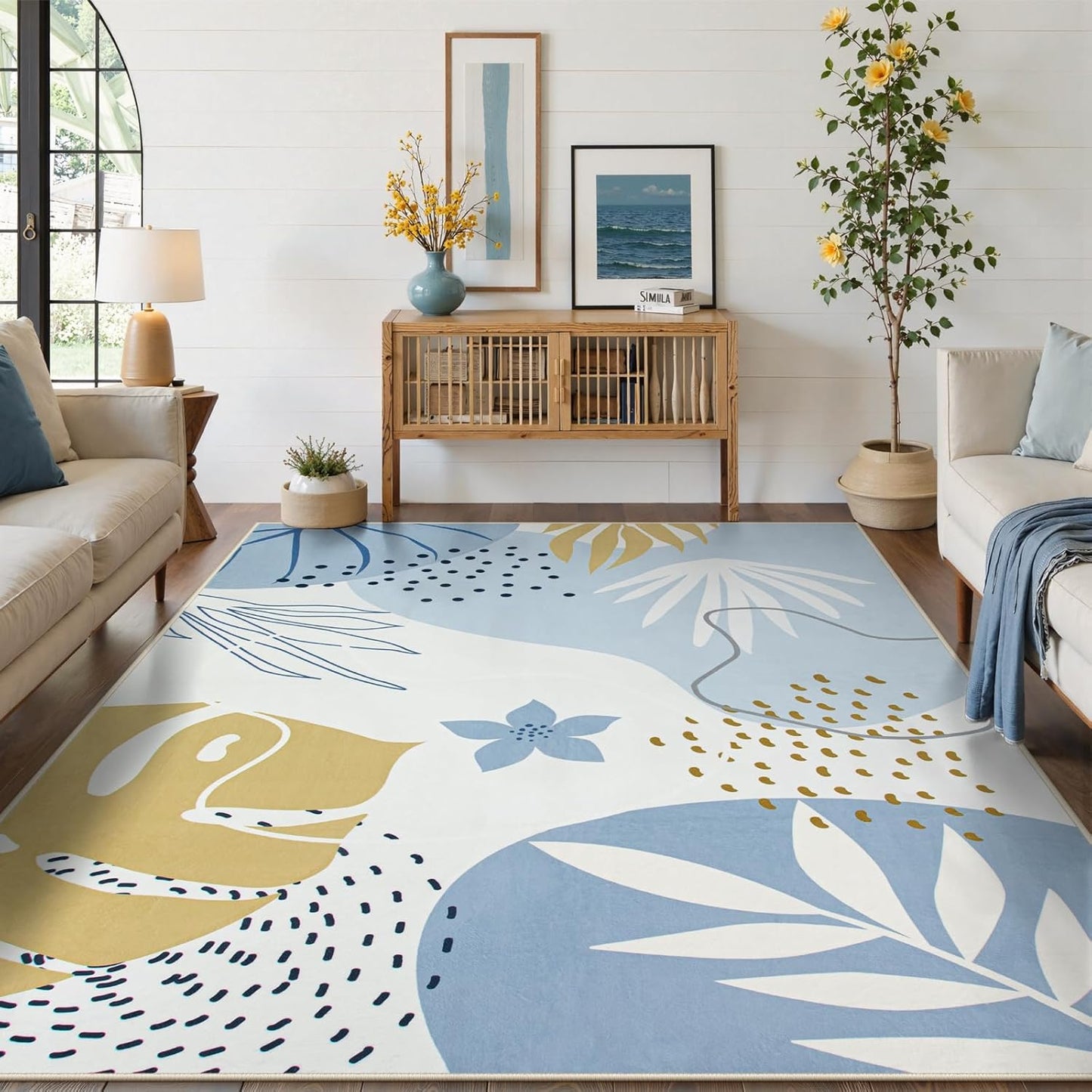 Lahome 9x12 Rugs for Living Room, Washable Non-Slip Ultra-Thin Larege Area Rug for Dining Room Table, Boho Botanical Print Indoor Soft Carpet for Bedroom Office, Blue