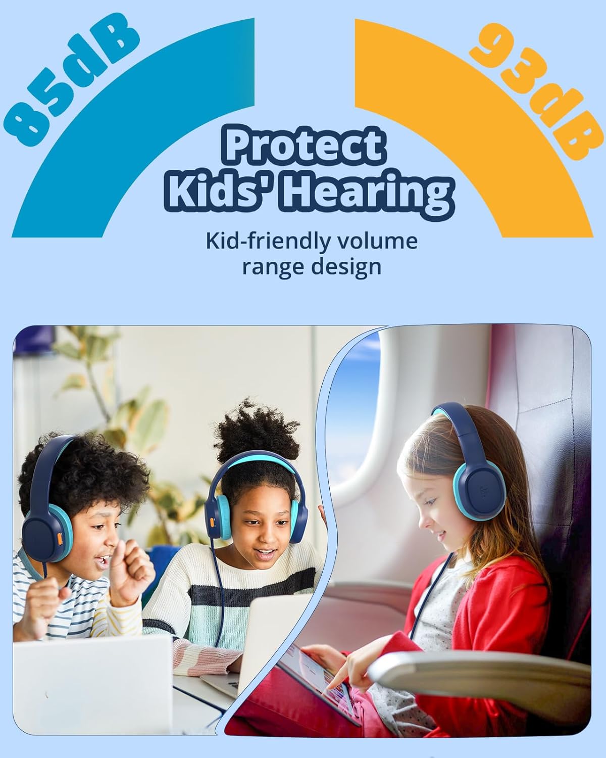 Tronsmart Kids Headphone for School Travel, Foldable Safe Volume 85/93dB, HD Stereo Sound Over-Ear Boys Girls Headphones for Kid, 3.5mm Kids Headphones with Cord for iPad, Kindle, Tablets,KH01(Blue)