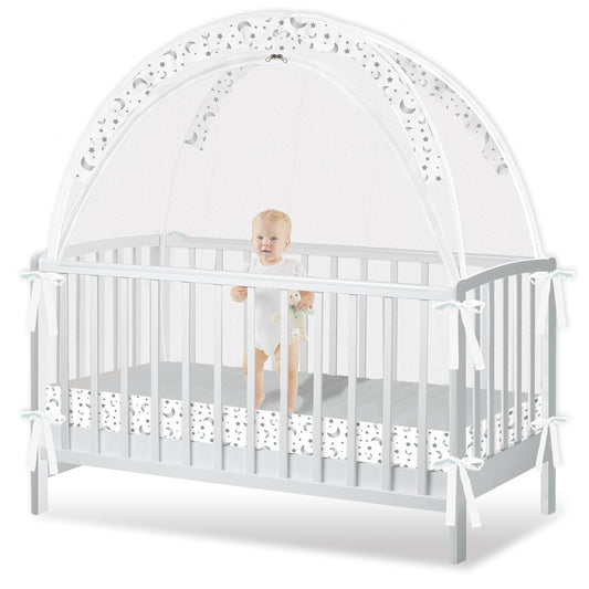 Crib Tent to Keep Baby from Climbing Out - Crib Net to Keep Baby in - Pop Up Breathable Cribs Cover - Canopy with Upgrade Strong Mesh and Durable Zipper (White-Star and Moon, Lager)