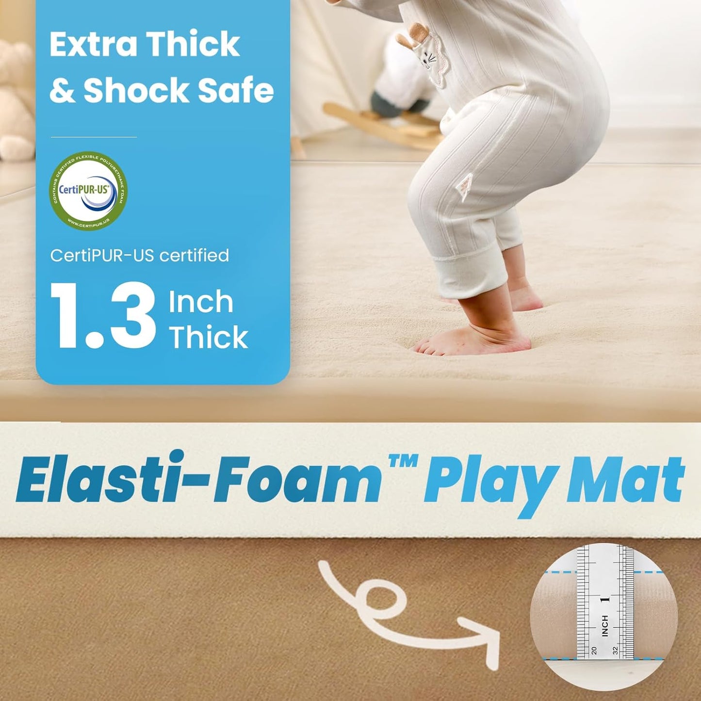 Baby Play Mat for Kids Room,Extra Thick Elasti-Foam Anti-Fall Cushion Mat for Babies,Toddlers,Infants,Water-Repellent&Non-Slip Bedroom Bedside Rugs(Beige)