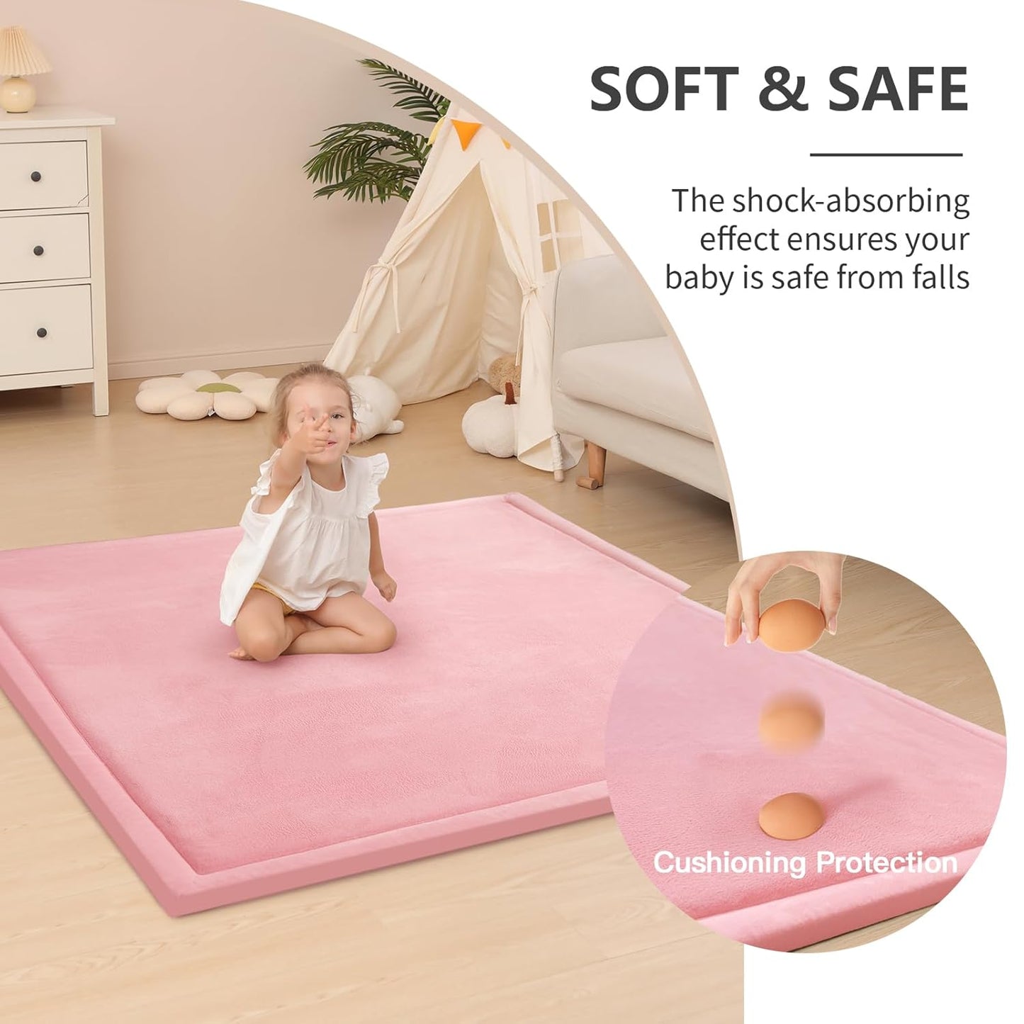 Baby Play Mat for Floor,1.3" Thick Elasti-Foam 50x50 Playpen Mat for Toddlers Infant Kids,Water-Repellent Soft Coral Velvet Tummy Time Mat,Non Slip Crawling Mat,Tatami Mat(Pink)