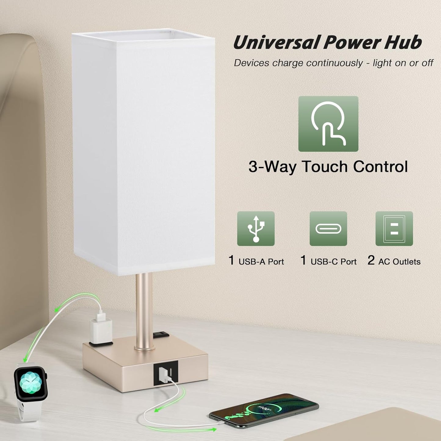 Light Gold Touch Lamps Set of 2 - Nightstand Lamp with USB-C + A Charge Ports & AC Outlets, 3-Way Dimmable Bedside Lamp, Small Table Lamp Light for Bedroom (Bulb Included)