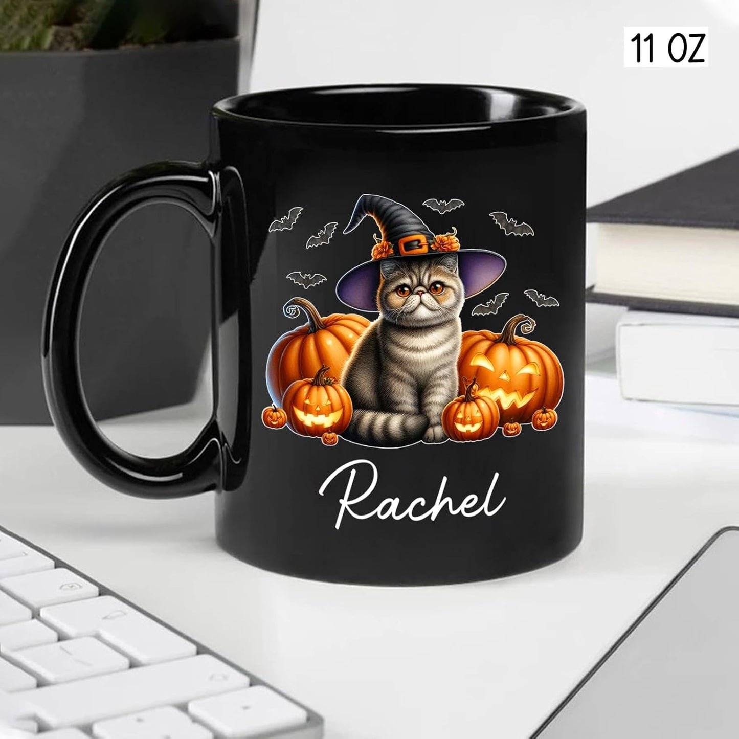 Personalized Exotic Shorthair Wearing Witch Hat Ceramic Cup, Exotic Shorthair Coffee Mugs Gift for Halloween, Custom Name Pet Cat with Pumpkins Halloween Cup, Cat Owner Black Mug 11oz 15oz