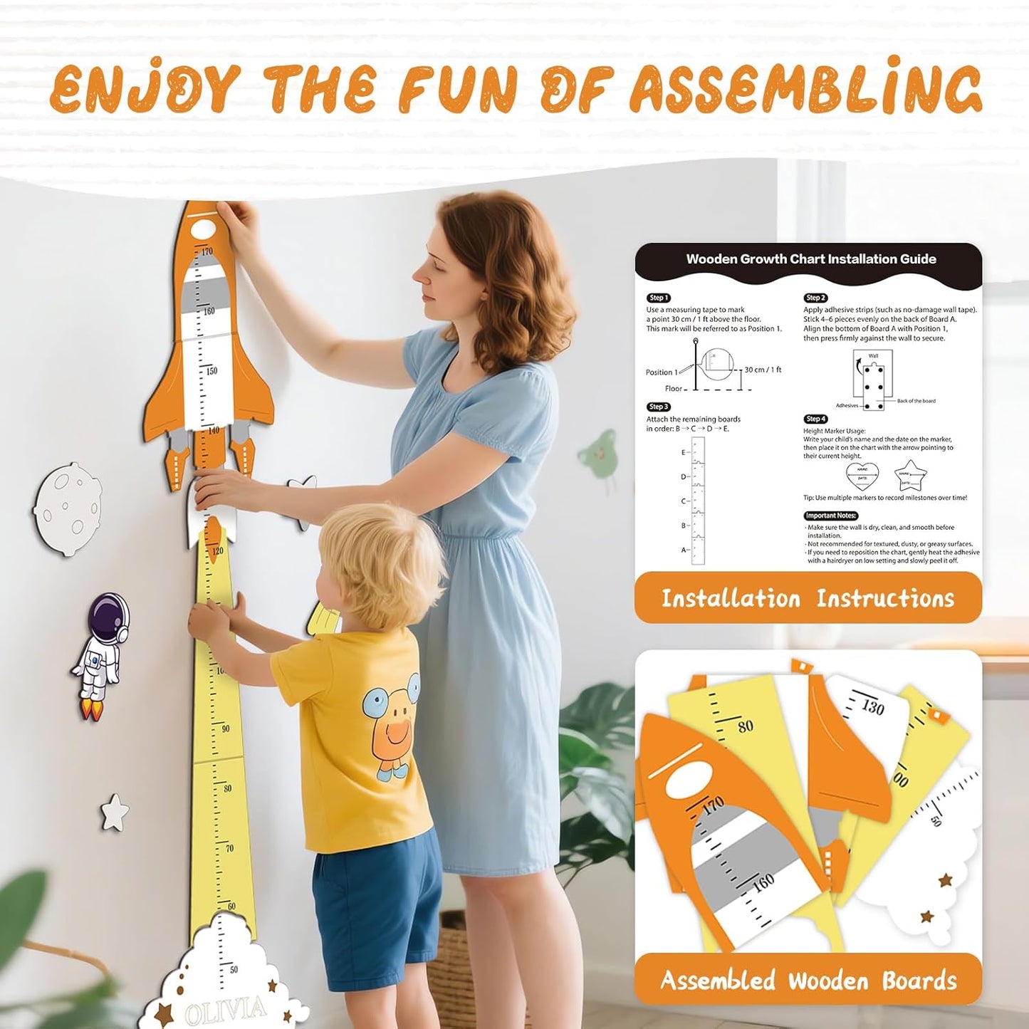 Personalized Name Kids Growth Chart for Wall – Wooden Rocket Height Chart Ruler, Wall Height Measurement for Boys & Girls 61.8" x 9.6"