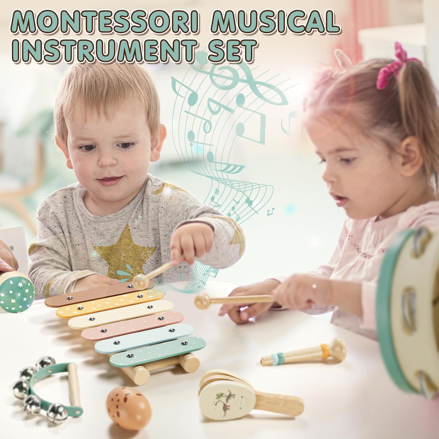Baby Musical Instruments for Toddlers 1-3, Montessori Wooden Toys for 1 Year Old, Xylophone Maracas Percussion Set with Storage Bag, Learning Toys for Boys Girls Age 2-4, Christmas Birthday Gift