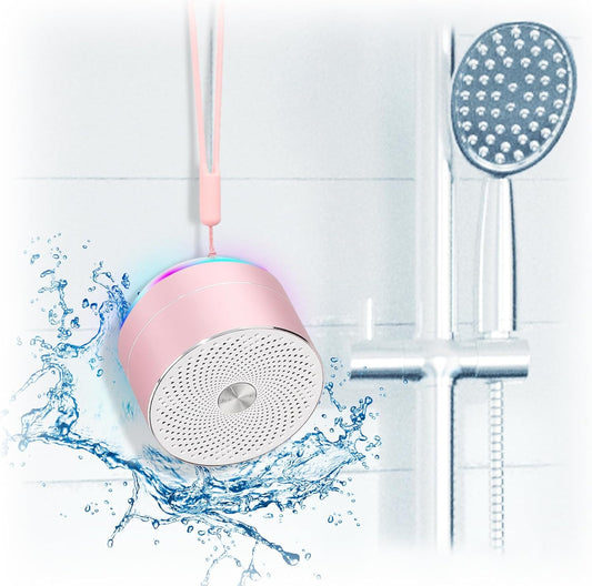 Mini Bluetooth Shower Speaker, IPX6 Waterproof Speaker, with RGB Lights, Mic, Portable Silicone Lanyard, Suction Cup, Clear Sound&Rich Bass, 12h Playtime, Small Pink Gifts for Girls Women