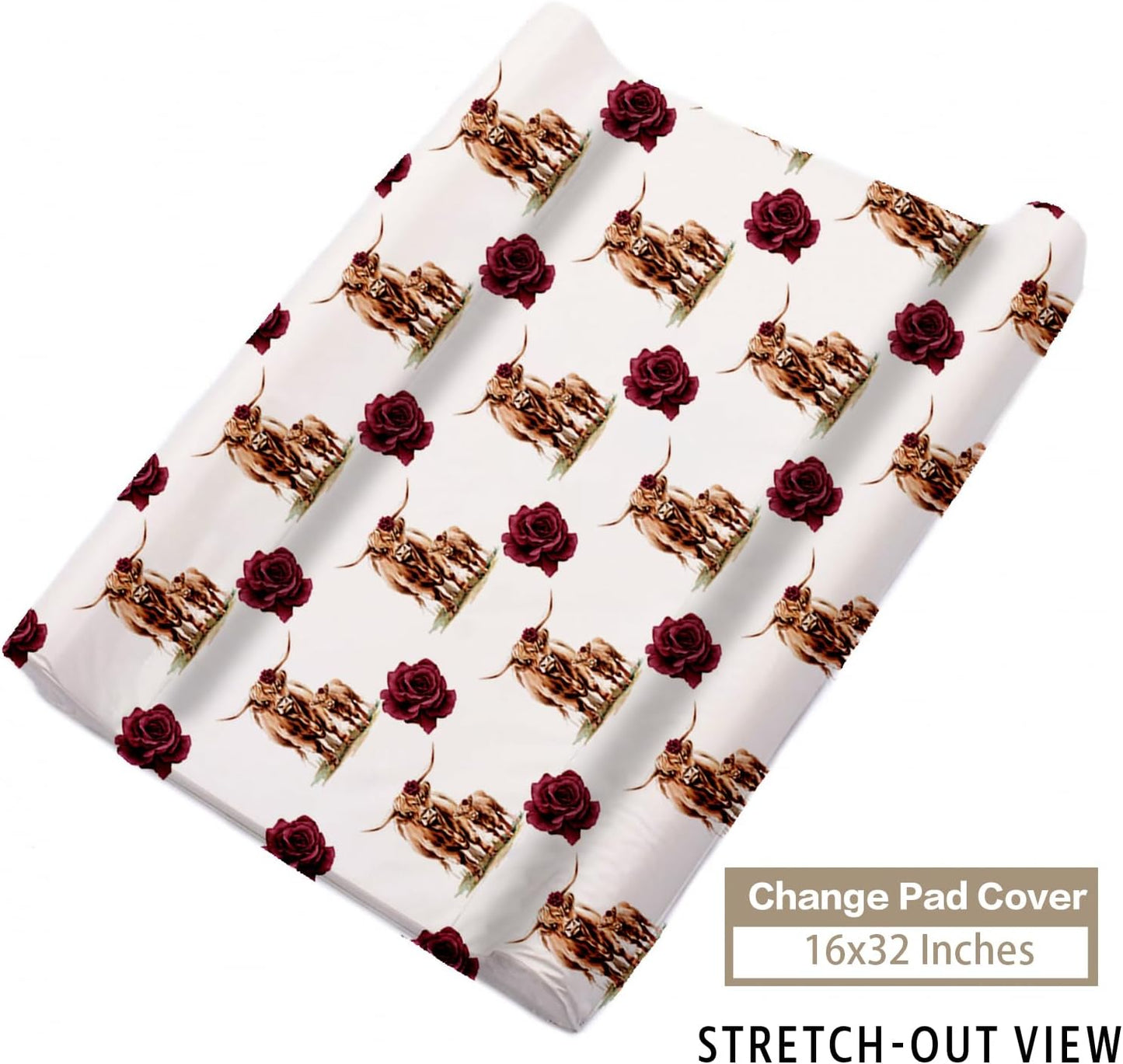 Custom Name Crib Bedding Set - Highland Cow Theme, Personalized Rose Floral Nursery Bedding 3-Piece Set– Soft Blanket, Fitted Sheet, Changing Pad Cover – for Newborns Girls Nursery Gifts