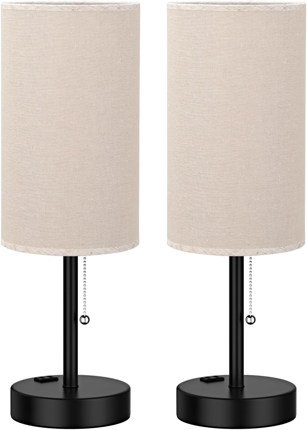 Plus Beige Bedside Table Lamps Set of 2-3 Color Temperatures Pull Chain Lamp with AC Outlet Charging Port, Two Round Night Stand Lamps for Bedroom Guest Room Office, Bed Side Light