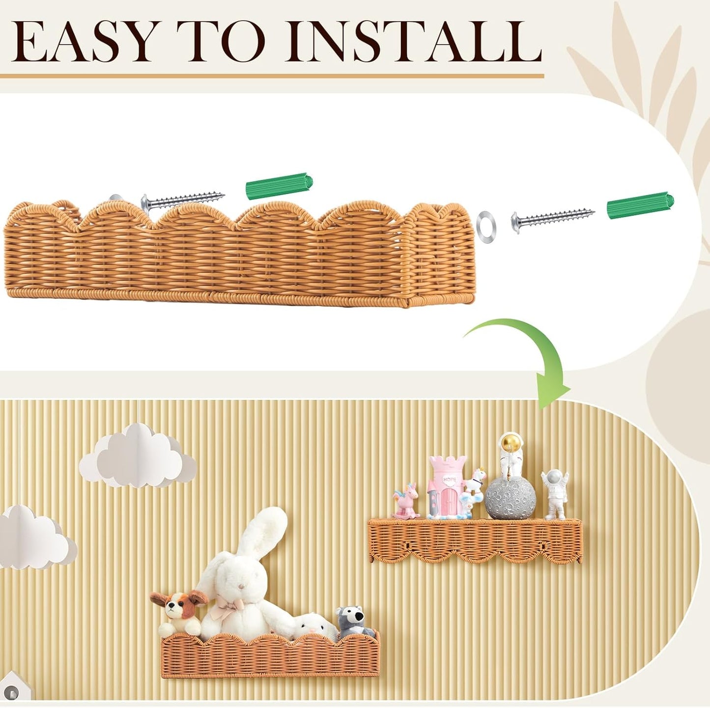 Pinkunn 3 Set Nursery Book Shelves Scalloped Rattan Wall Shelf 15.8 x 3.2 Inch Wall Mounted Plastic Floating Book Shelve, Hanging Boho Wicker Woven Shelf for Nursery Decor and Storage (Natural Wood)