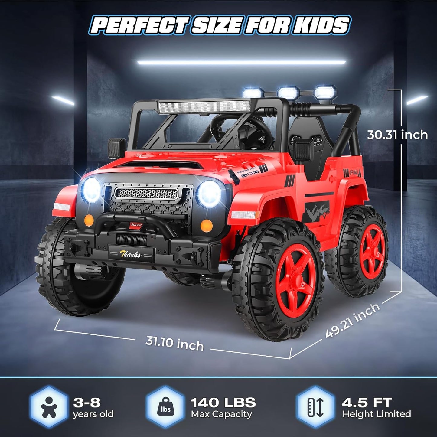 Hikole 24V Kids Electric Car with Remote Control - 4WD/2WD Switchable Two Seater Ride on Cars with 4x200W Powerful Engines, LED Lights, Spring Suspension, Ride on Toys for Kids Ages 4-8, Red