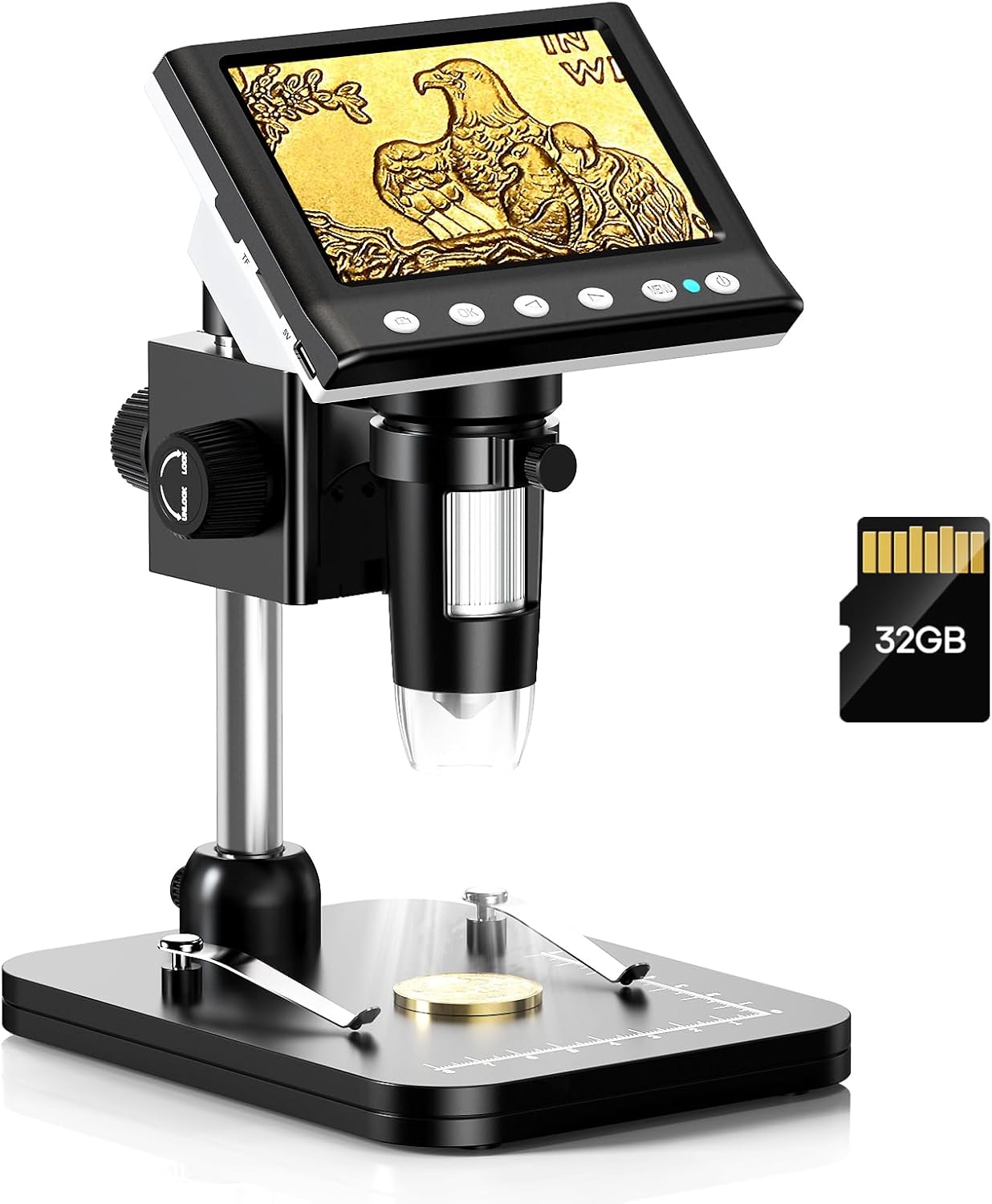 Hayve 4.3'' IPS Coin Microscope, 1000X Magnification Digital Microscope for Adults，Coin Collection Supplies with 8 Adjustable LEDs，Windows Compatible，32GB TF Card