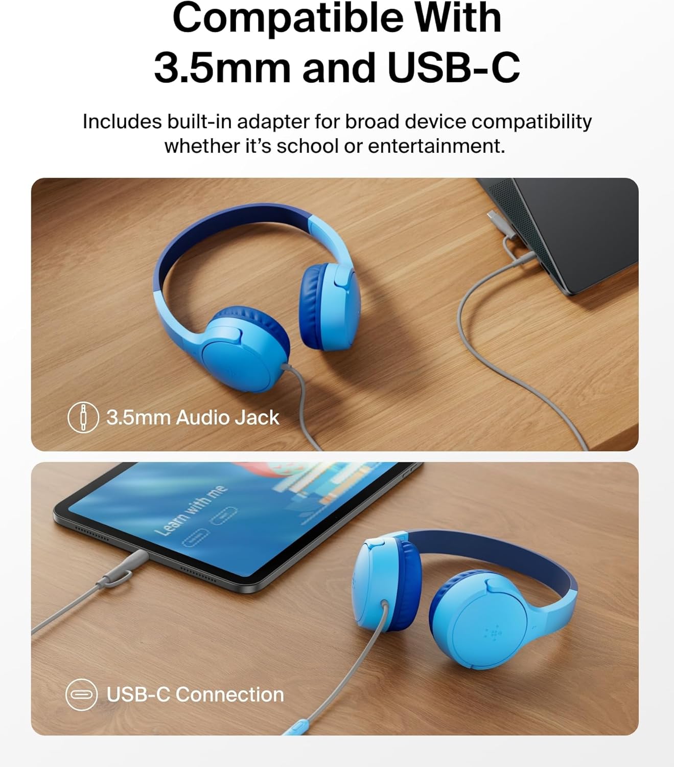 Belkin SoundForm Mini Kids Wired Headphones w/USB C to 3.5mm Dongle, Built-in Mic & Fun Stickers, 85dB Max Volume – for Online Learning, Travel, Compatible w/iPhone 16, iPad, Galaxy S25, etc - Blue