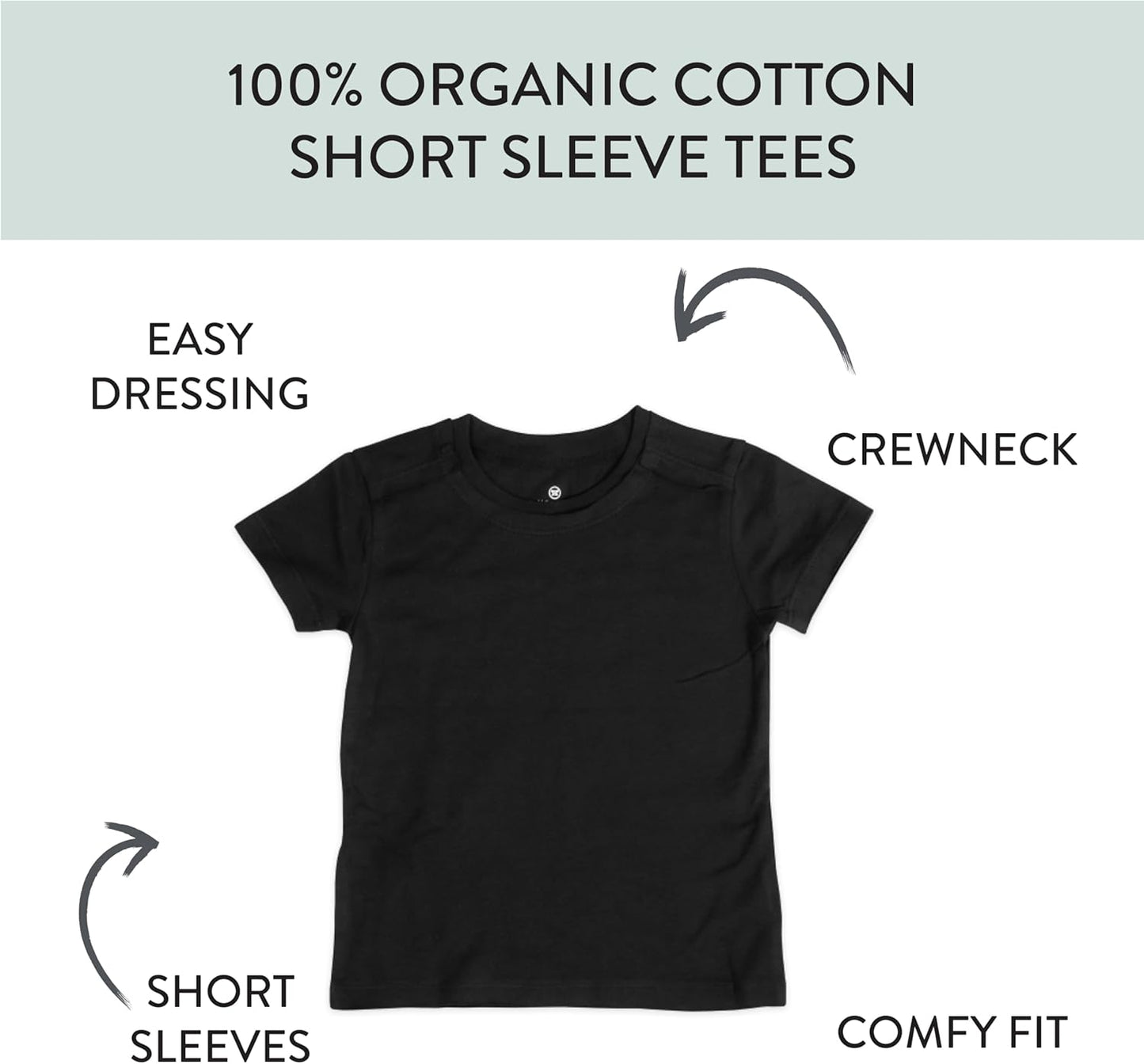 HonestBaby 5-Pack Short Sleeve T-Shirts 100% Organic Cotton Baby, Toddler, Little Kid, Boy, Girl, Unisex